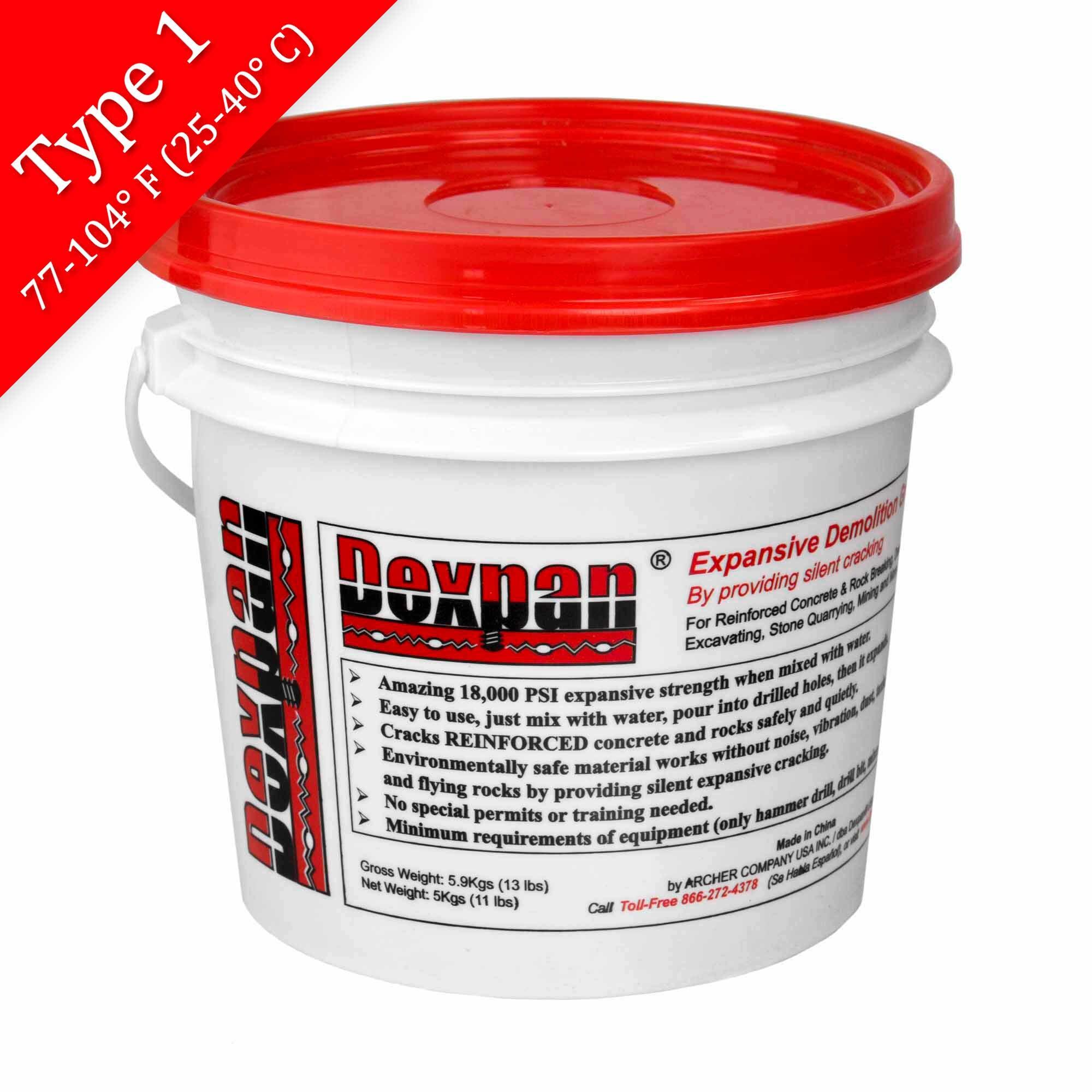 Dexpan Expansive Demolition Grout 11 Lb. Bucket for Rock Breaking, Concrete Cutting, Excavating. Alternative to Demolition Jack Hammer Breaker, Jackhammer, Concrete Saw, Rock Drill #1 (77-104 F)