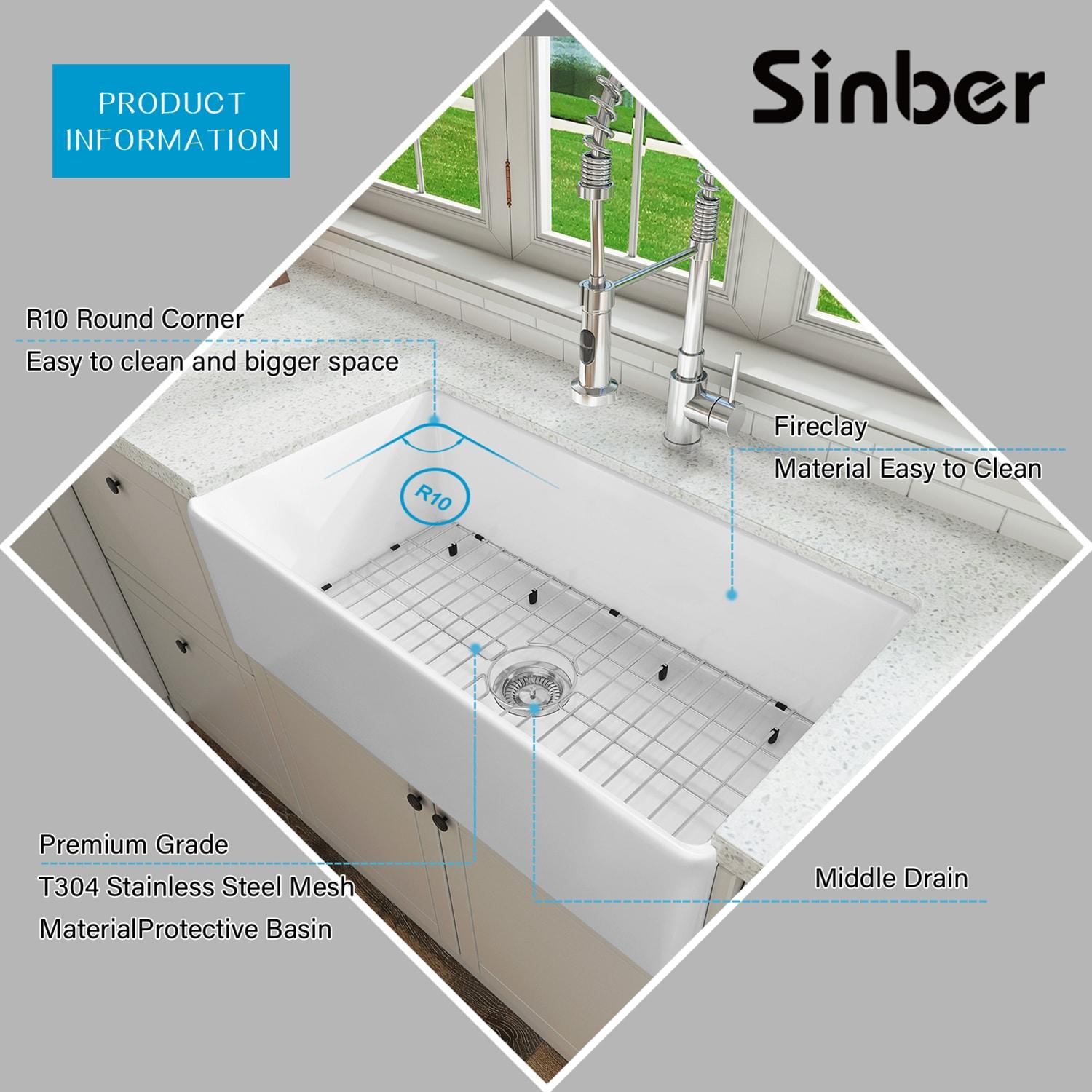 Sinber 33 Inch Farmhouse Apron Single Bowl Kitchen Sink with Fireclay White Finish 2 Accessories