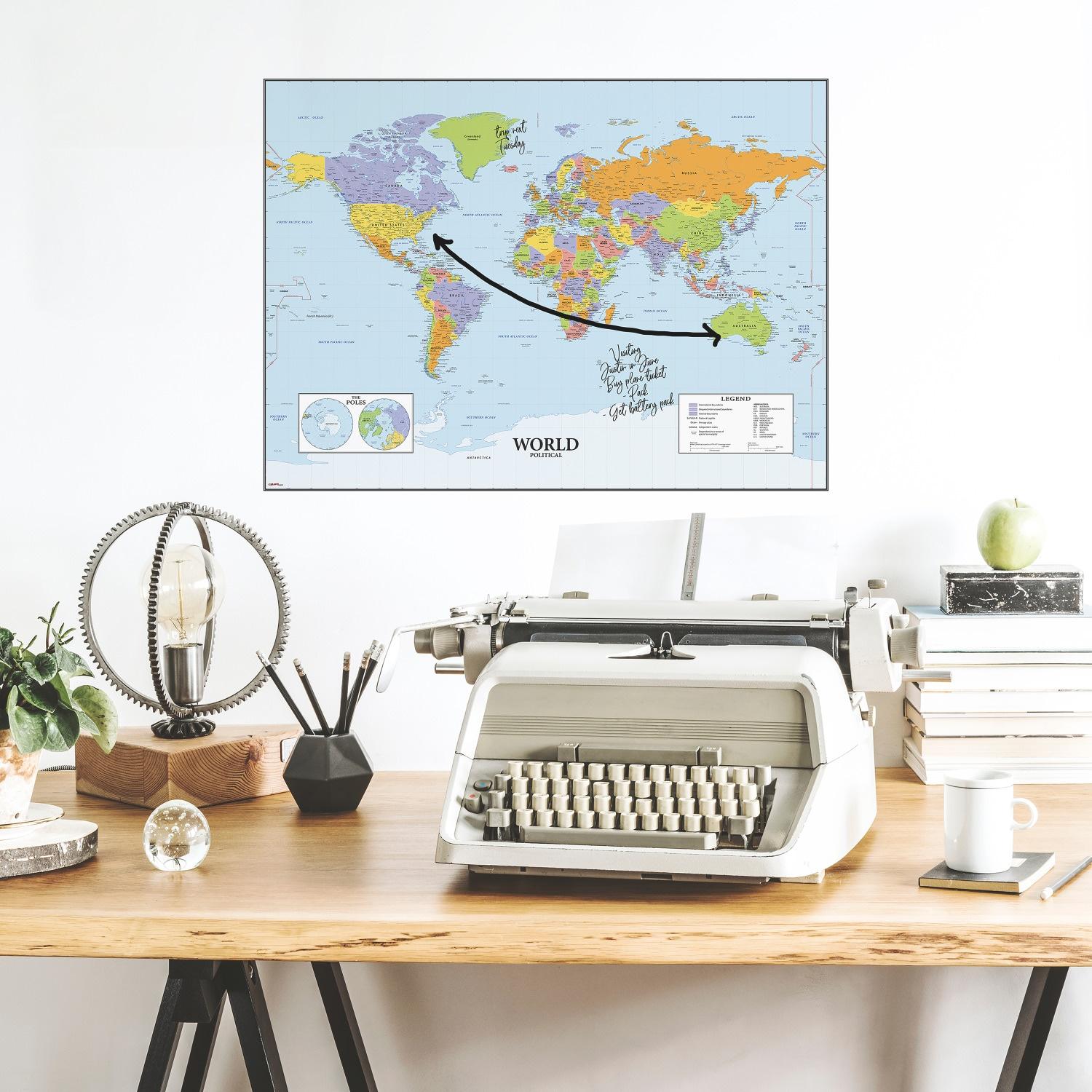 Dry Erase Map Of The World Peel and Stick Giant Wall Decal - RoomMates: Vinyl Self-Adhesive Modern Decor