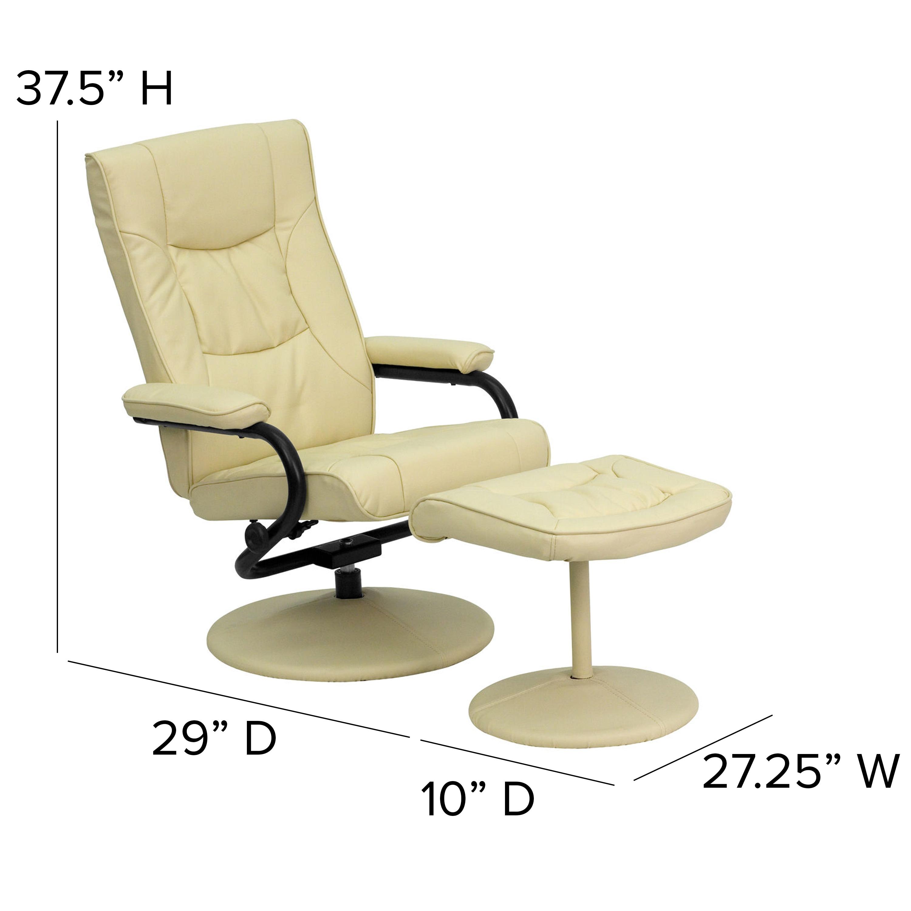 BizChair Contemporary Multi-Position Recliner and Ottoman with Wrapped Base in Cream LeatherSoft