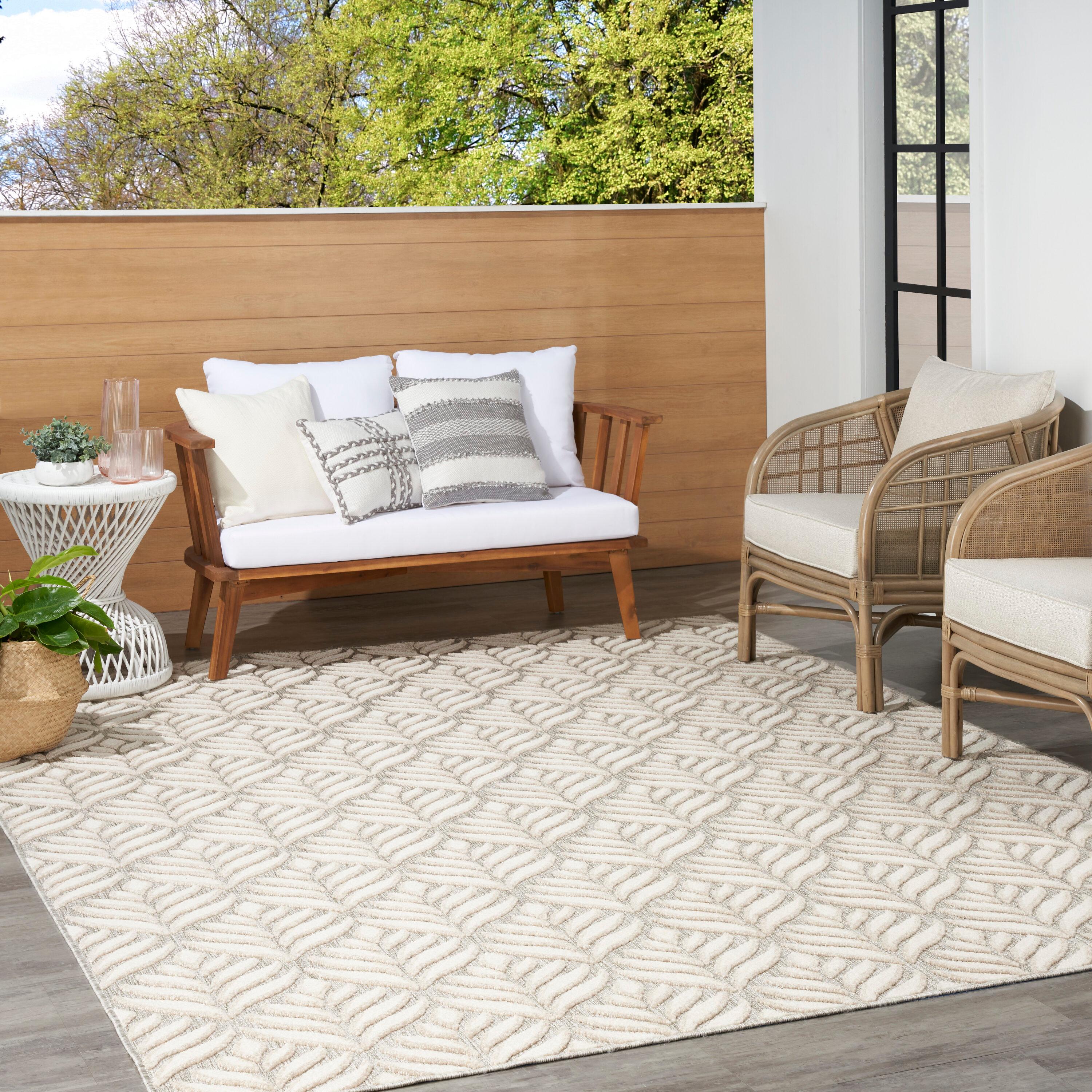 Nourison Aloha Tropical Palm Flatweave High-Low Indoor Outdoor Area Rug Ivory Grey 3'6" x 5'6"