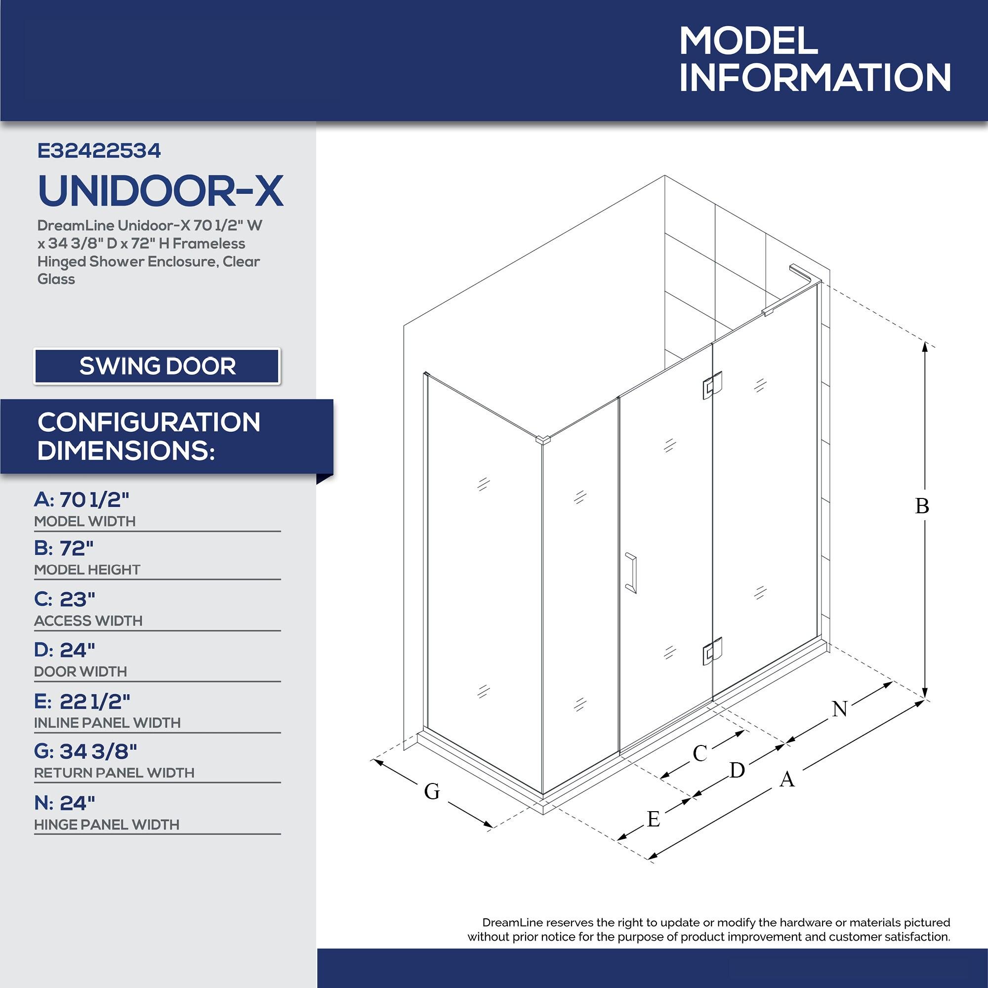 Unidoor-X 70.5" x 72" Rectangle Hinged Shower Enclosure