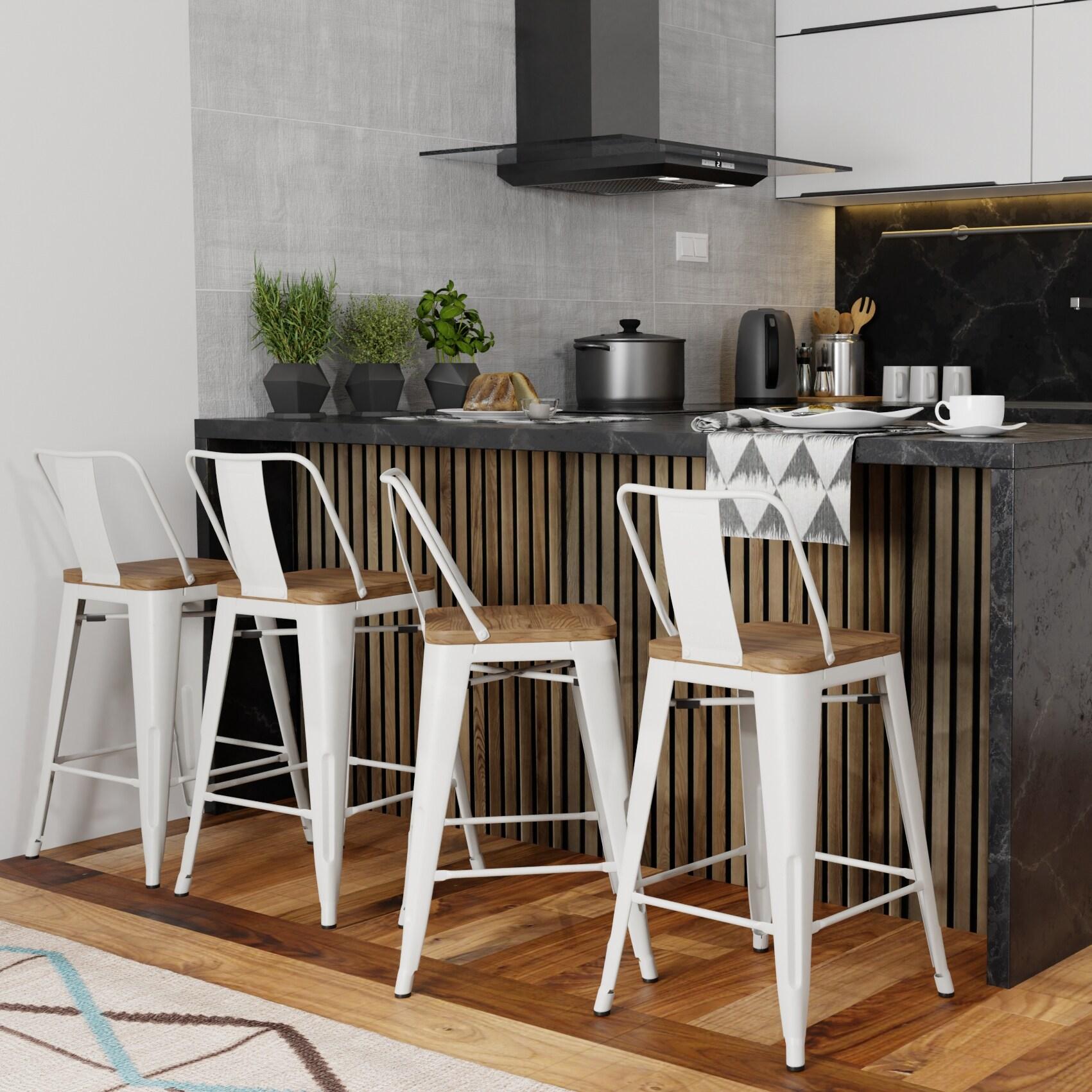 Rayne 24" White Metal and Wood Counter Stools, Set of 4