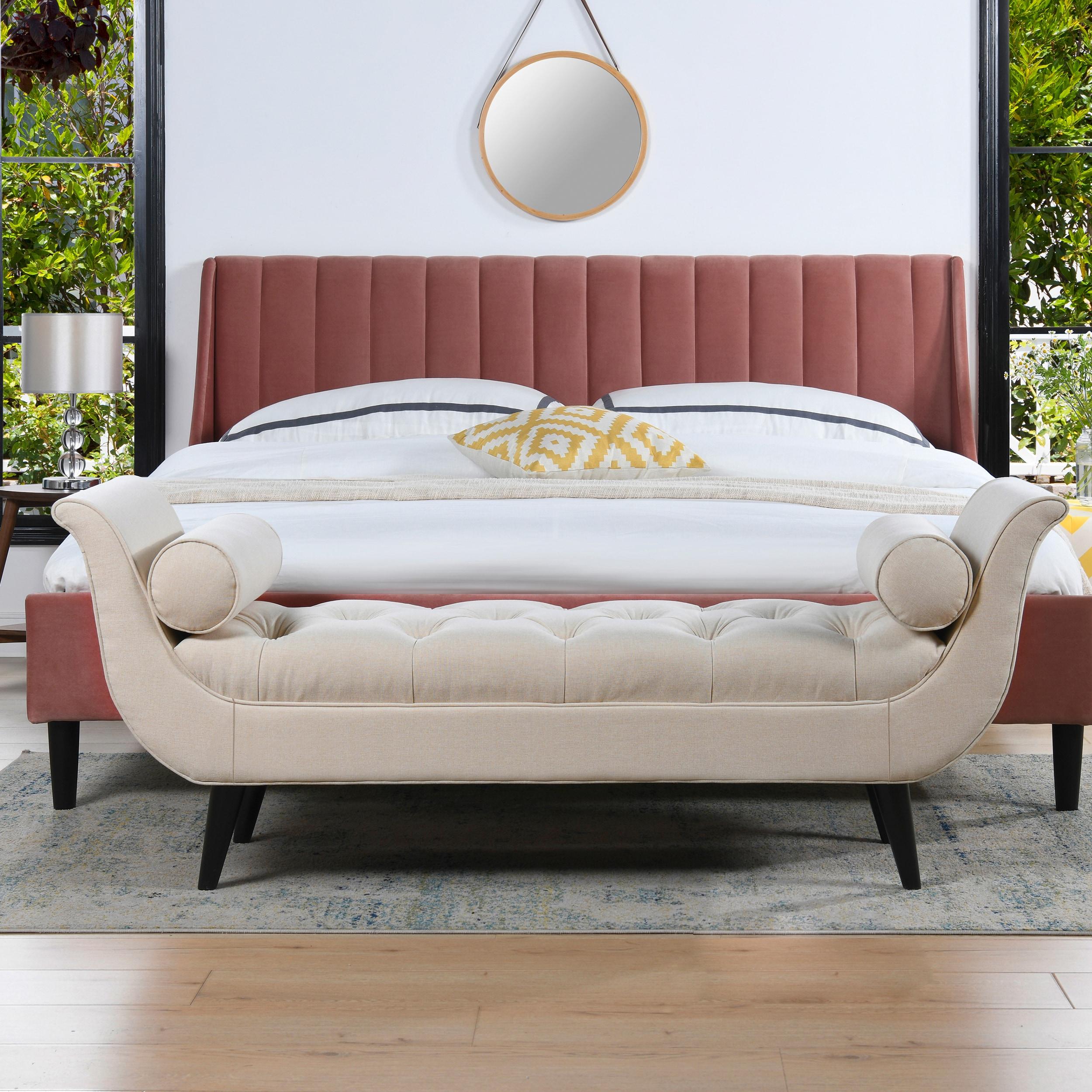 Alma Tufted Flare Arm Entryway Bench, Sky Neutral