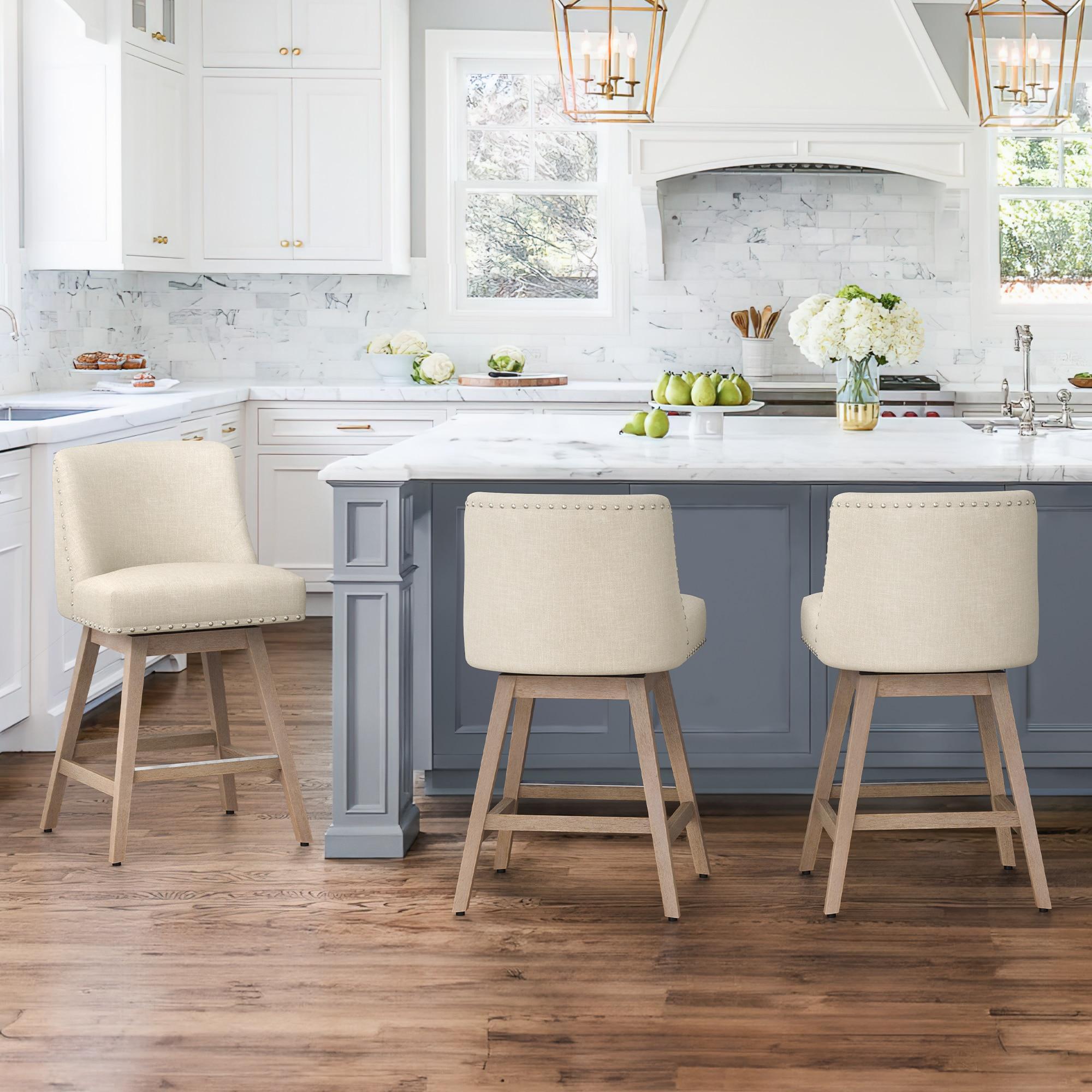LUE BONA 360-degree Swivel Bar Stools Set of 3, 26" Counter Height Bar Stools with High Back and Wood Legs, Morden Faux Leather Upholstered Barstools for Kitchen Counter