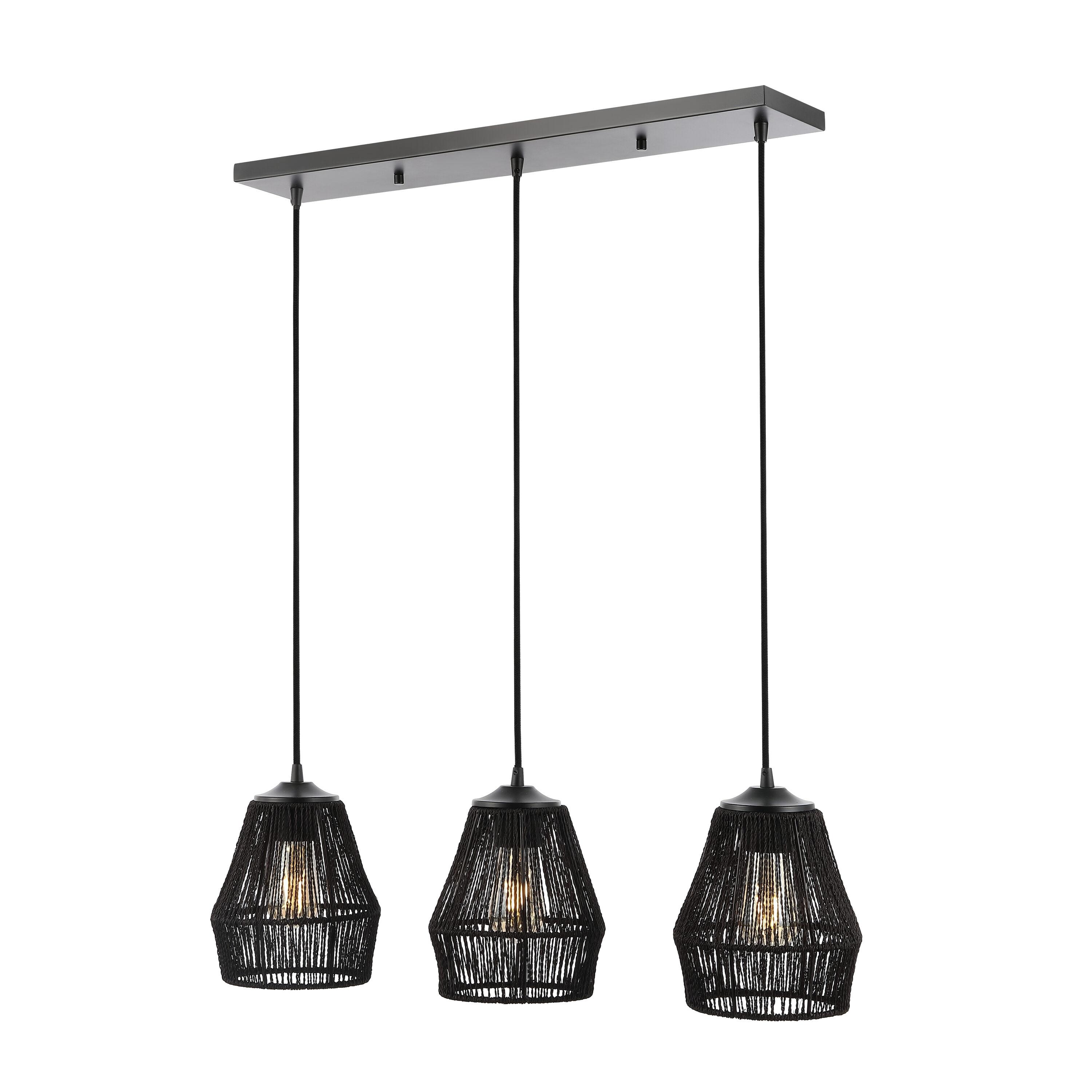 30" 3-Light Ibiza Island Woven Rope/Metal Bohemian Coastal Linear Pendant (Includes LED Light Bulb) Black - JONATHAN Y