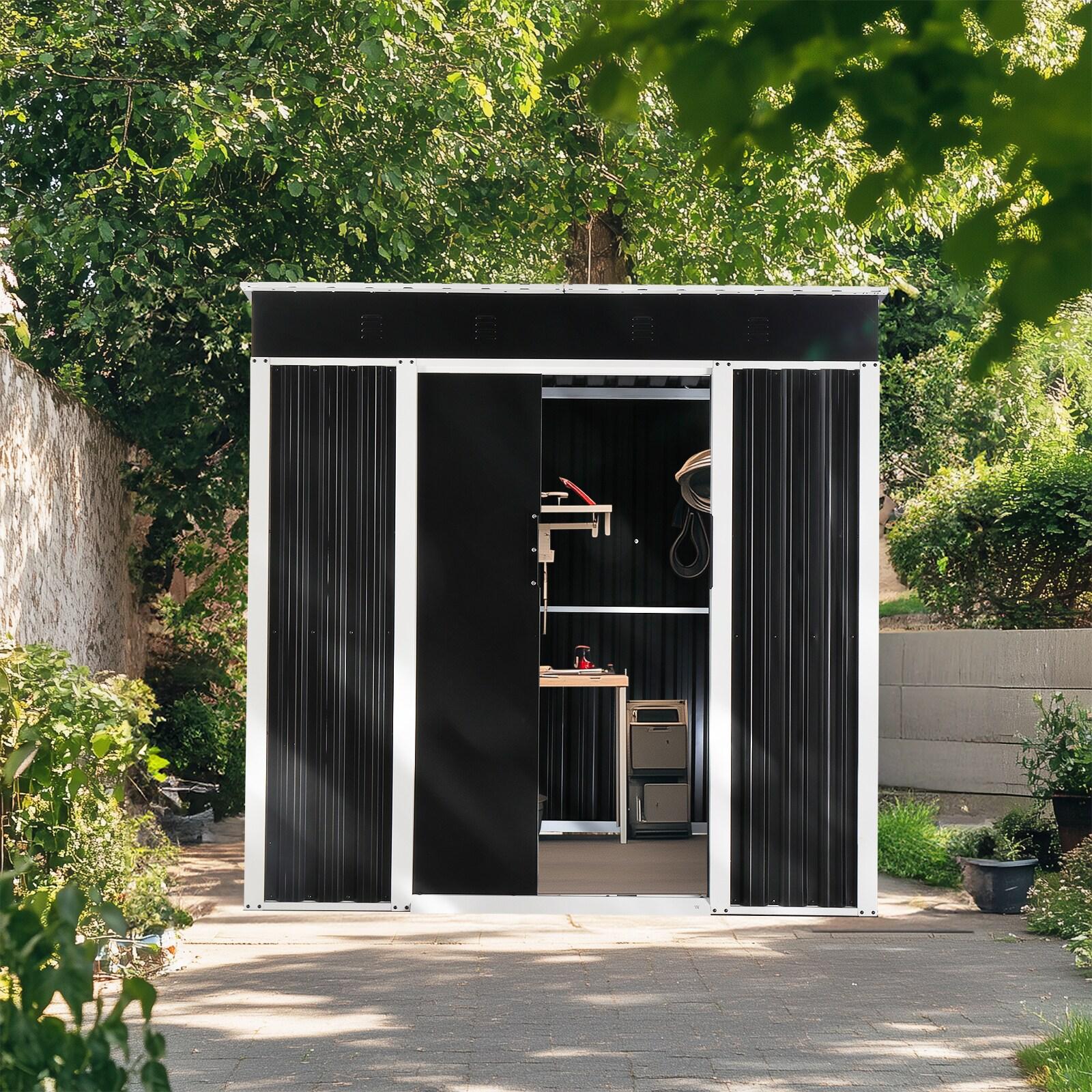 6x4 FT Black Galvanized Iron Outdoor Storage Shed with Sliding Doors