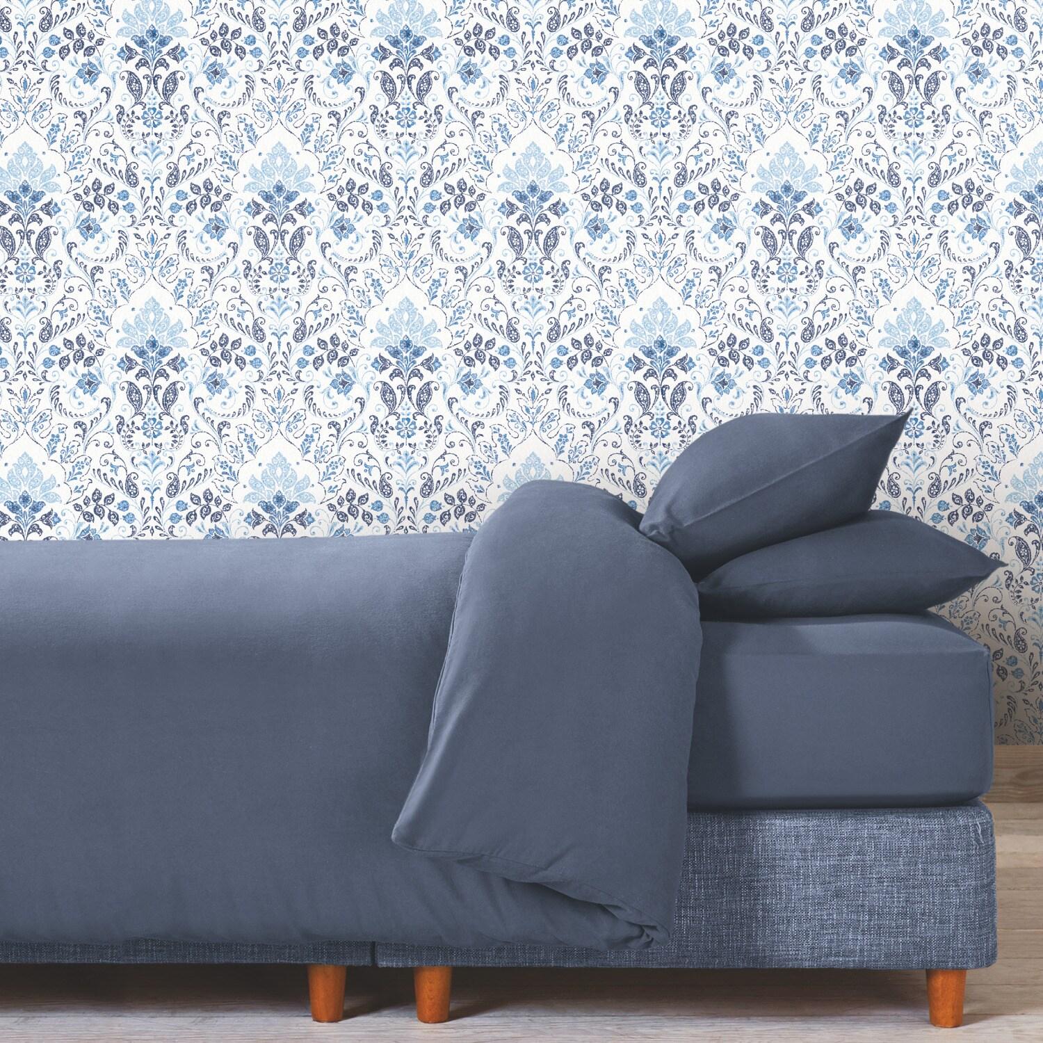 Blue and White Vinyl Damask Peel and Stick Wallpaper