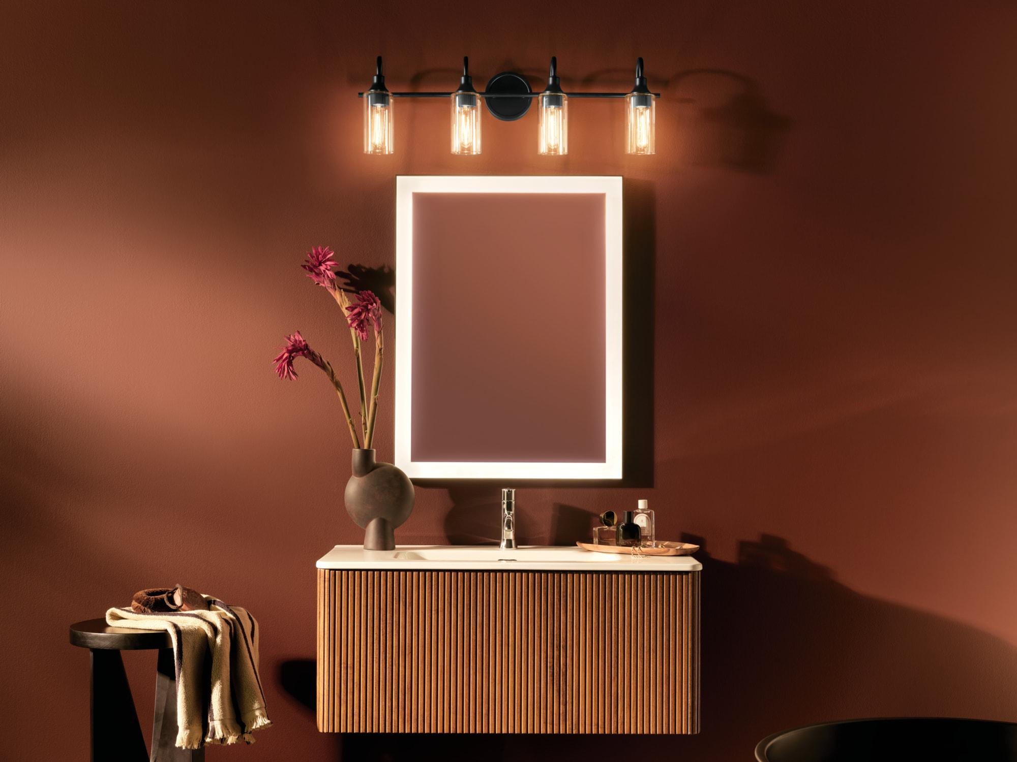 Kichler Kavi 31.5" 4-Light Vanity Light with Clear Glass in Black, Damp Rated, for Bathroom, Powder Room, Over a Mirror, (31.5" W x 10" H), 55212BK