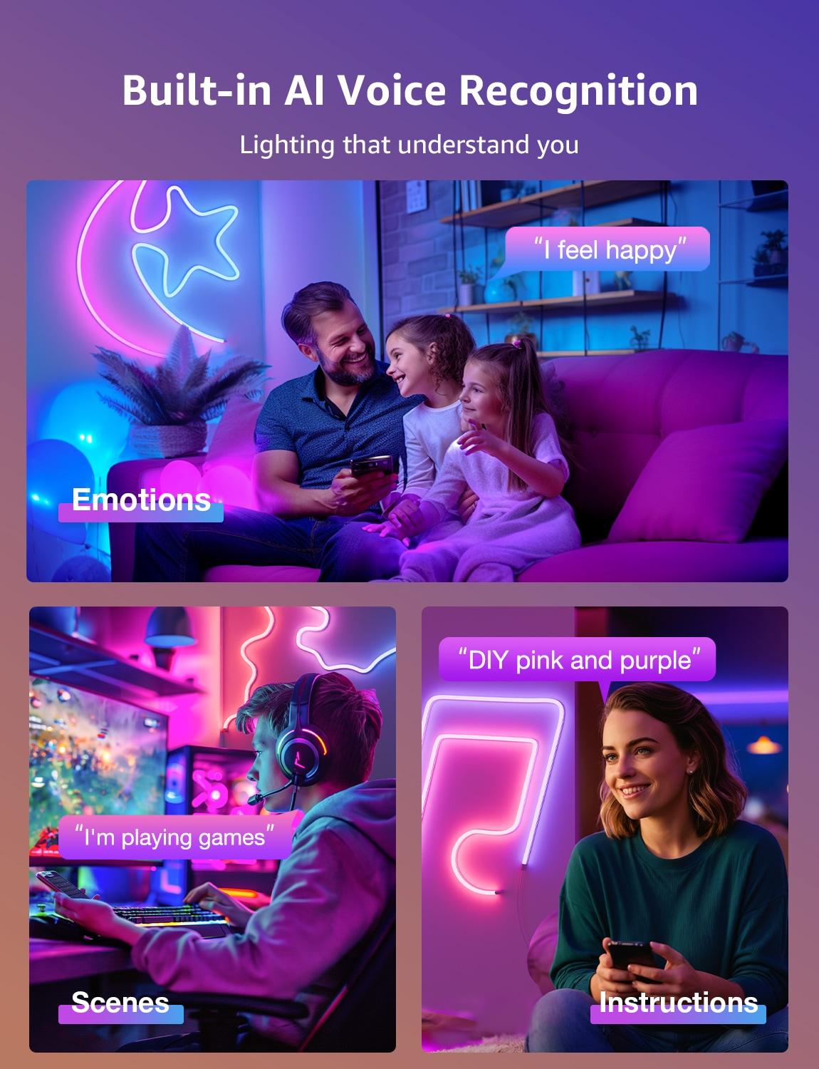 Lepro Lepro N1 AI Smart RGB Rope Lights, LLM AI Generated Lighting, LightBeats Music Sync, Color Segment DIY, Voice Control Via App, Wi-Fi & Bluetooth LED Strip Lights (Set of 6)