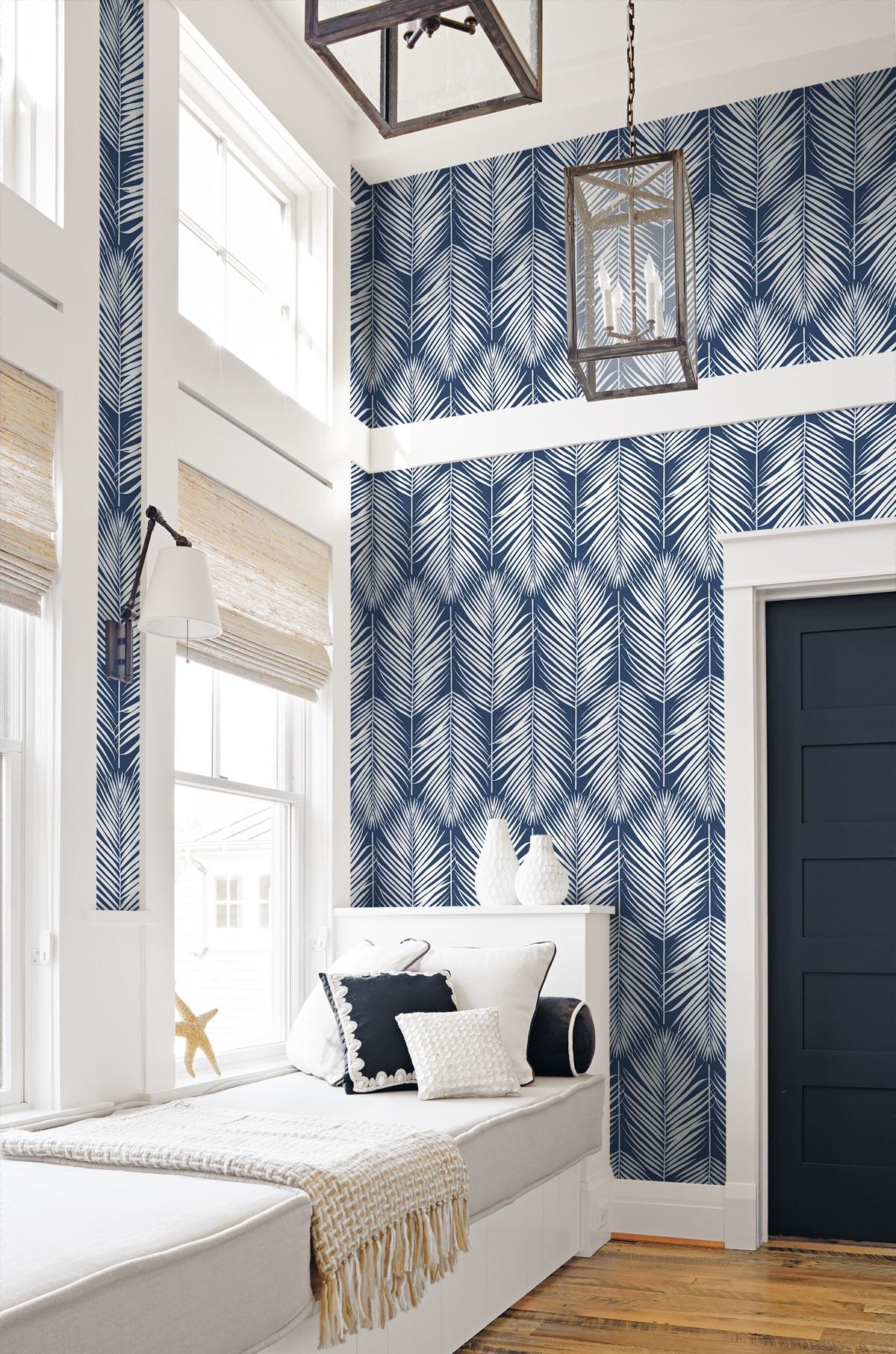 NextWall Coastal Blue Palm Silhouette Peel and Stick Wallpaper