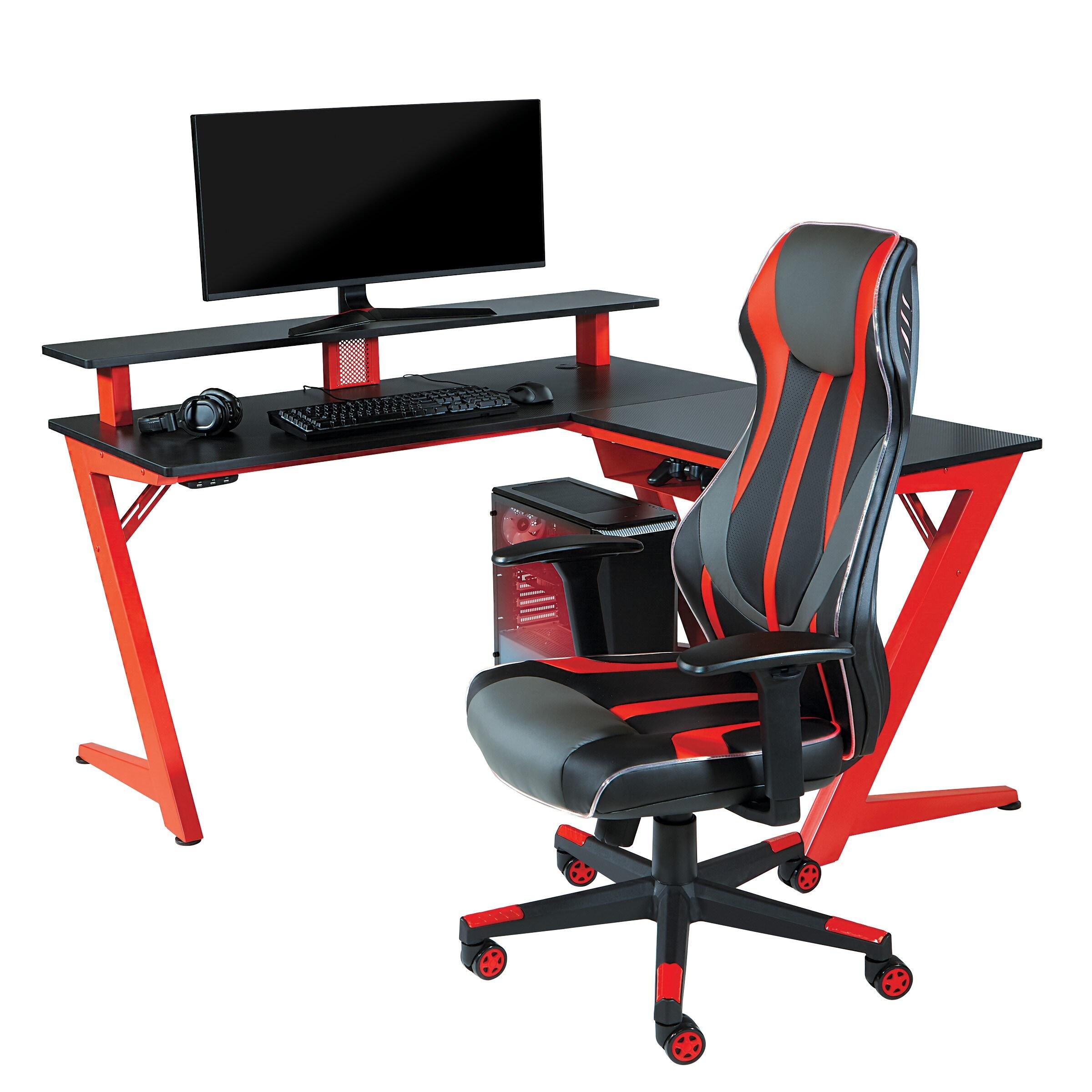 Avatar Battlestation L-Shape Game Desk with Carbon Top and Matte Red Legs