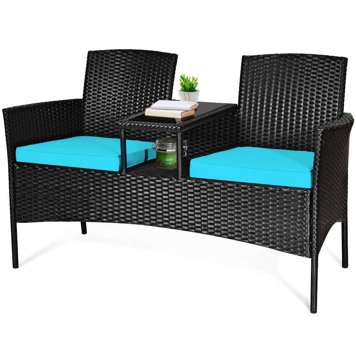 Tangkula Outdoor Rattan Furniture Wicker Patio Conversation Chair W/Cushions Turquoise