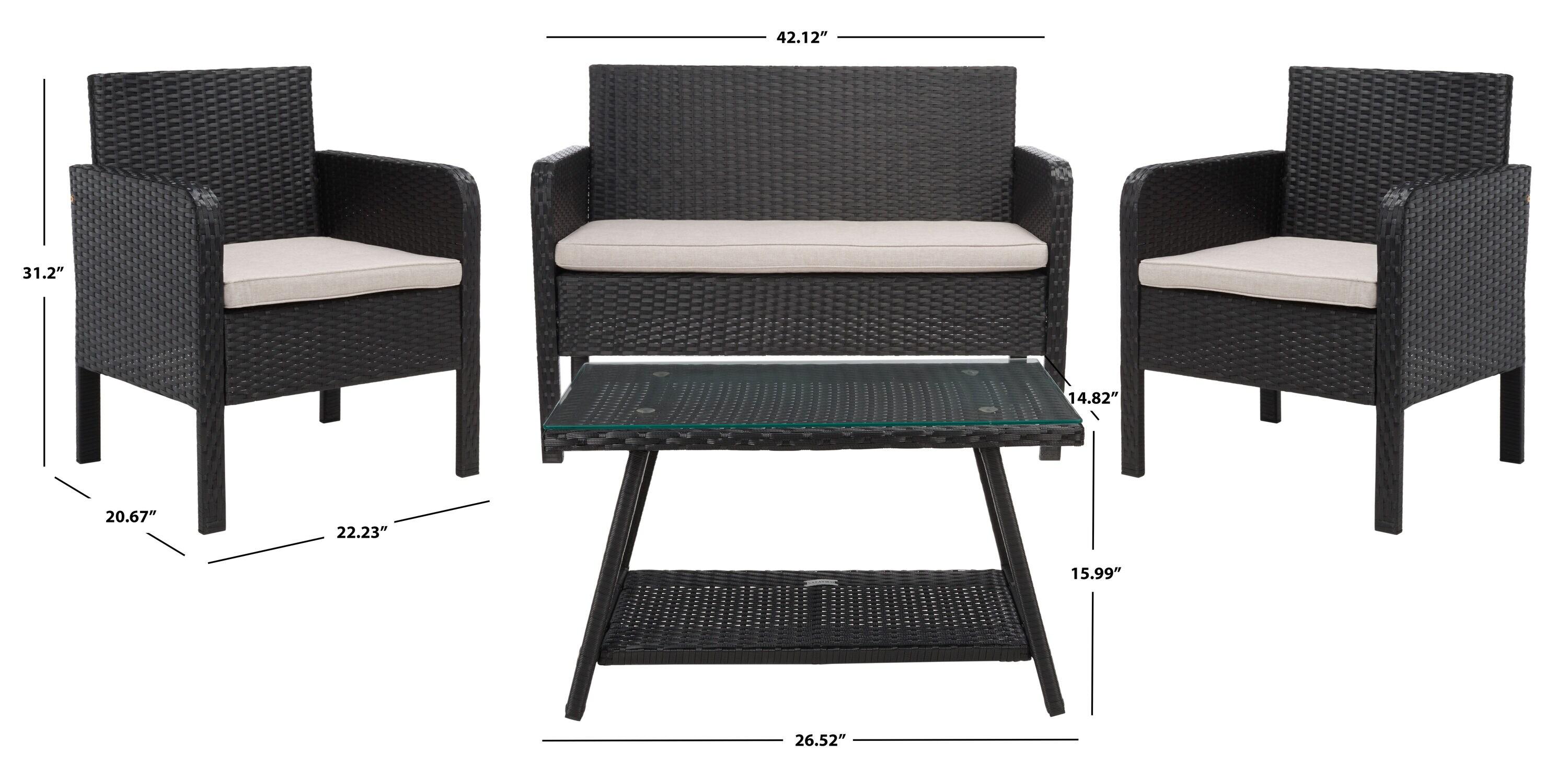 Aboka 4 Piece Patio Outdoor Living Set - Black/Light Grey - Safavieh