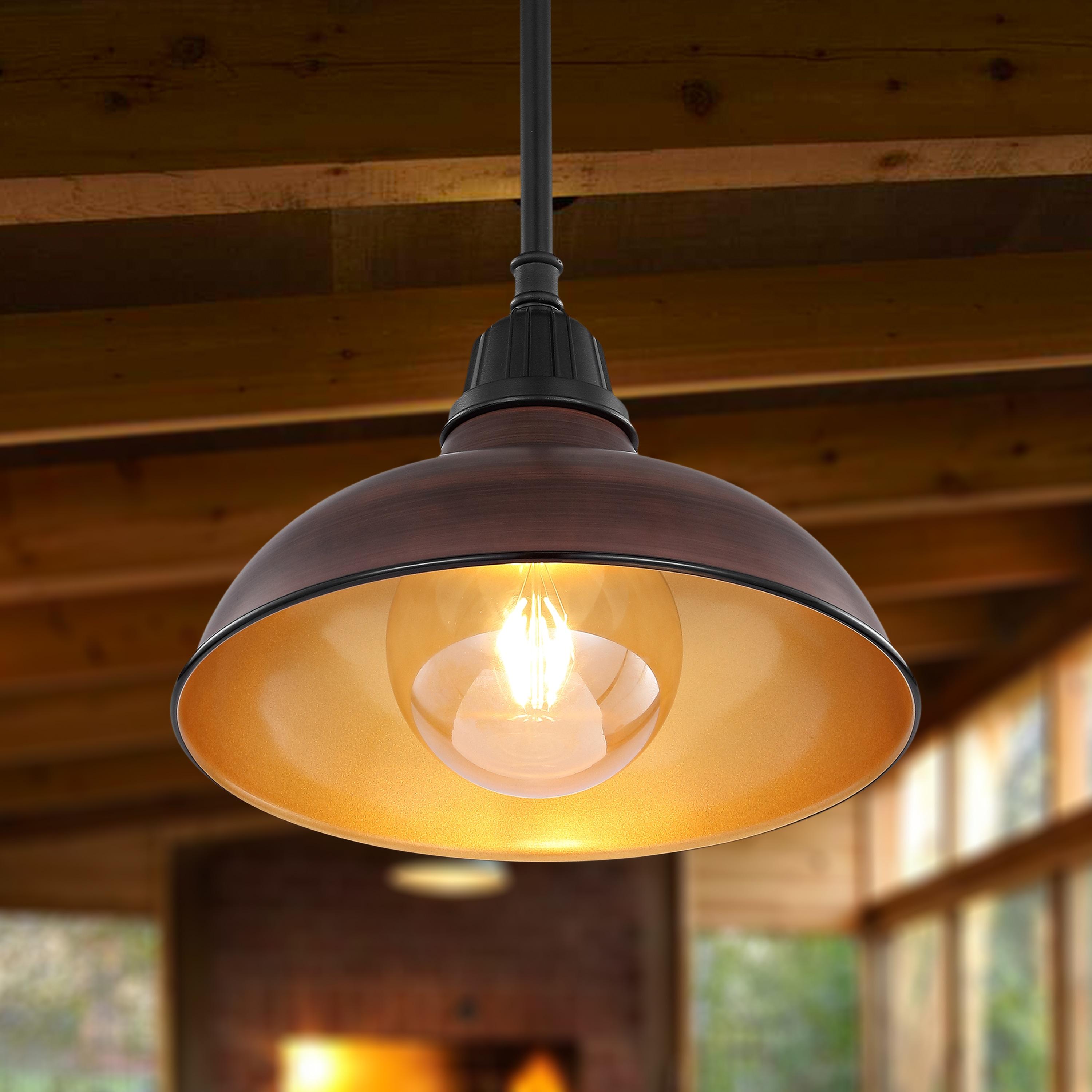 Jasper 12.25" 1-Light Farmhouse Industrial Indoor/Outdoor Iron LED Pendant, Wood Finish/Copper
