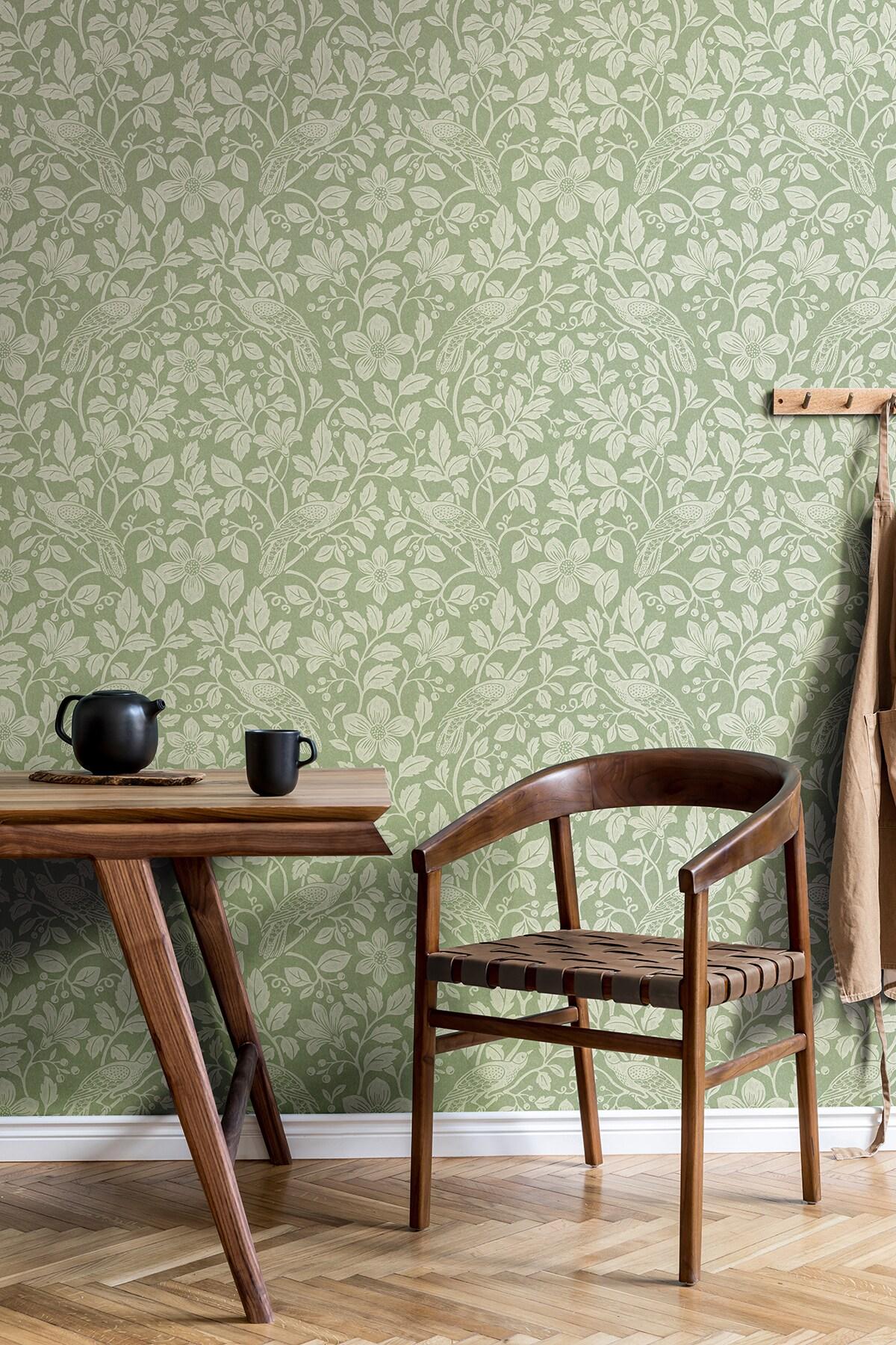 Green and White Non-Woven Botanical Bird Vine Wallpaper