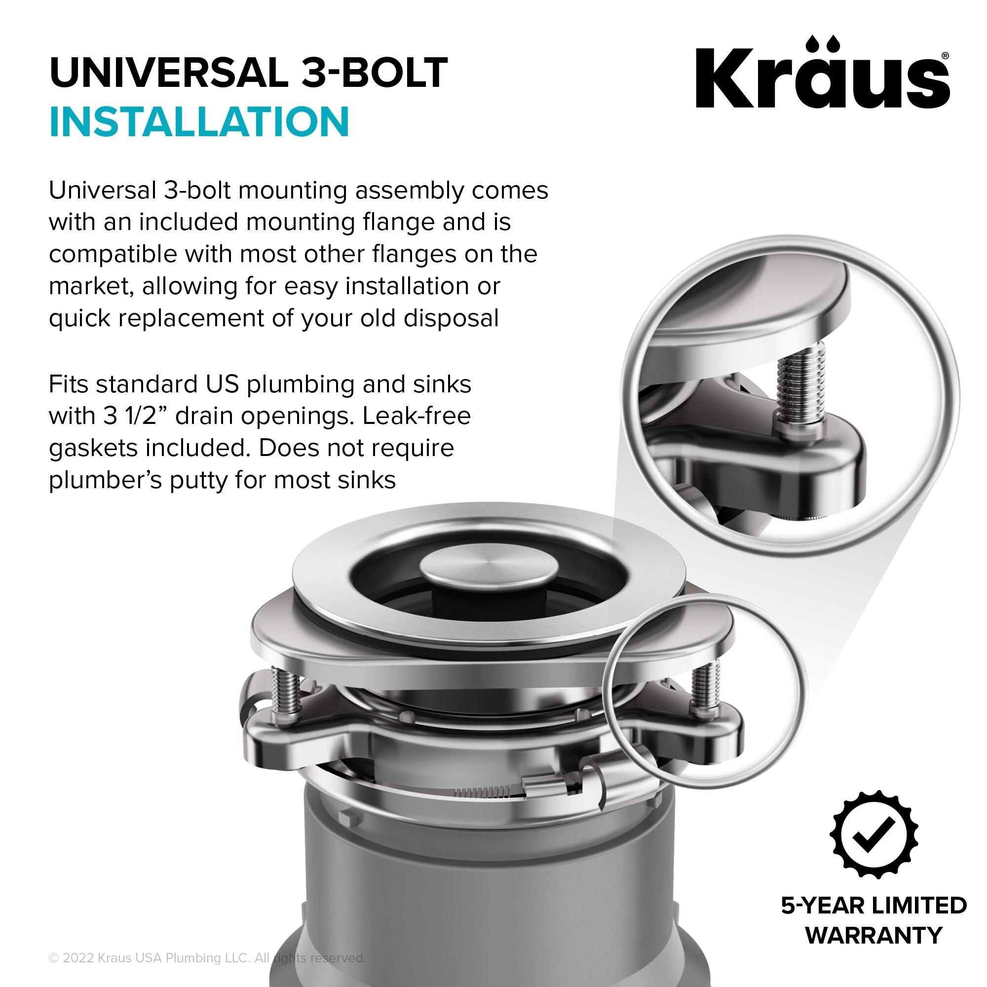 KRAUS WasteGuard Continuous Feed Motor Garbage Disposal with Power Cord and Universal Mount