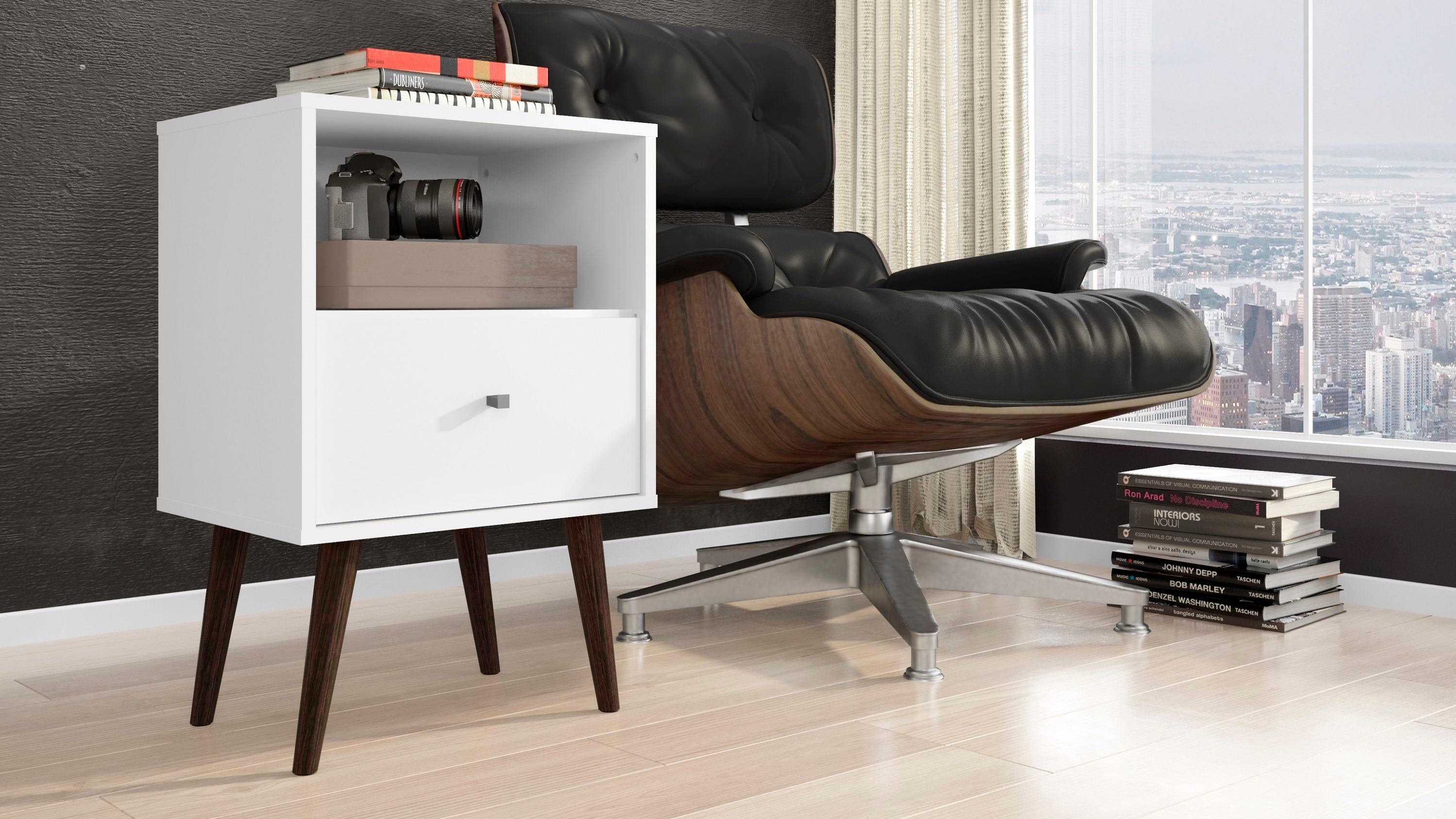 Liberty 1.0 Mid Century Modern Nightstand White - Manhattan Comfort: Bedside Table with Storage & Shelving