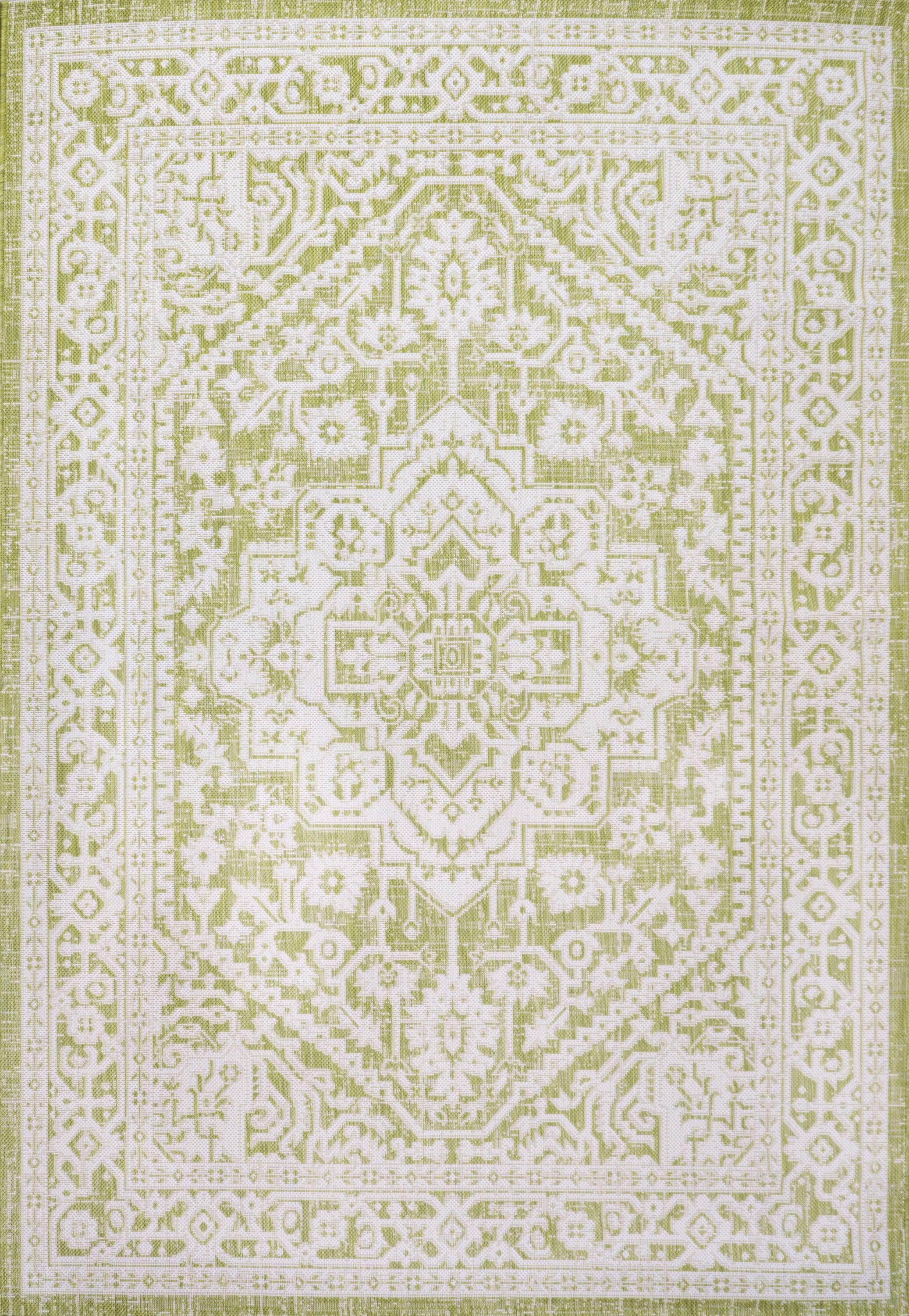 5' x 8' Sinjuri Medallion Textured Weave Indoor/Outdoor Area Rug, Green/Cream - JONATHAN Y
