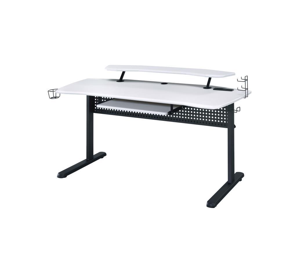 Vildre Gaming Desk with USB Port Black/White - Acme Furniture: Hutch, Power Outlets, Cupholder, Controller Stand