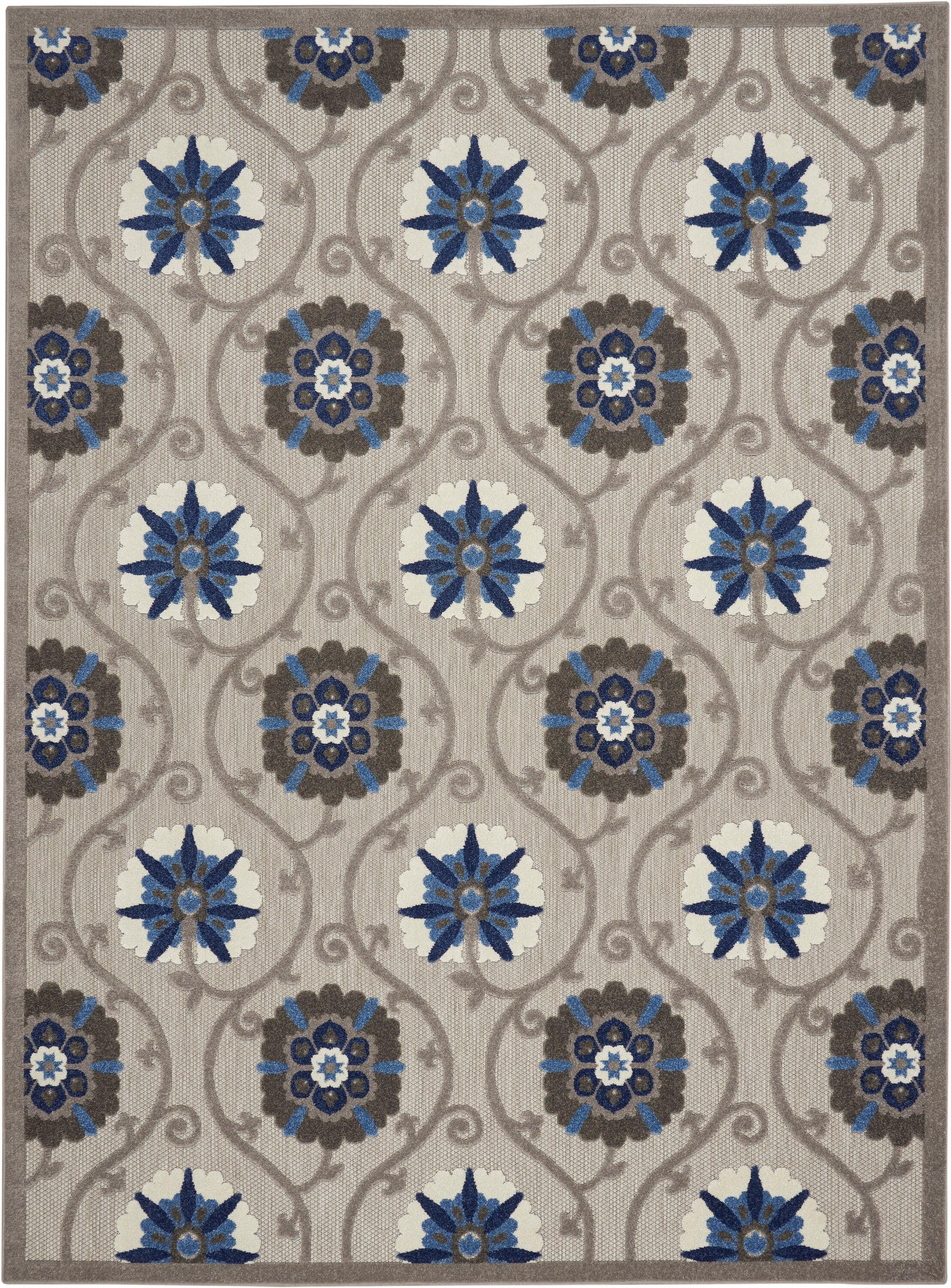 Nourison Aloha Contemporary Floral Flatweave High-Low Indoor Outdoor Area Rug Grey/Blue 7'10" x 10'6"