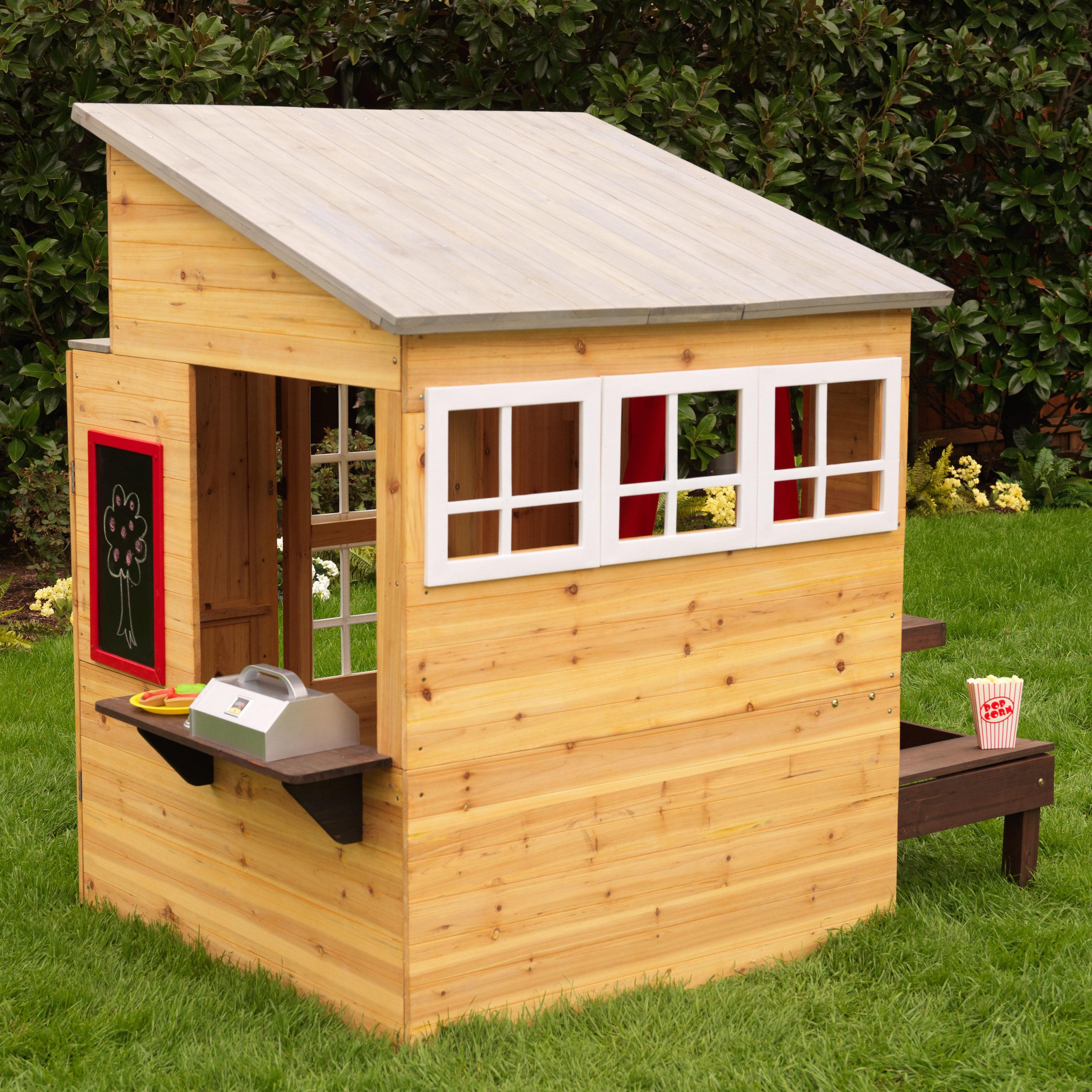 Modern Outdoor Wooden Playhouse with Picnic Table, Mailbox and Outdoor Grill