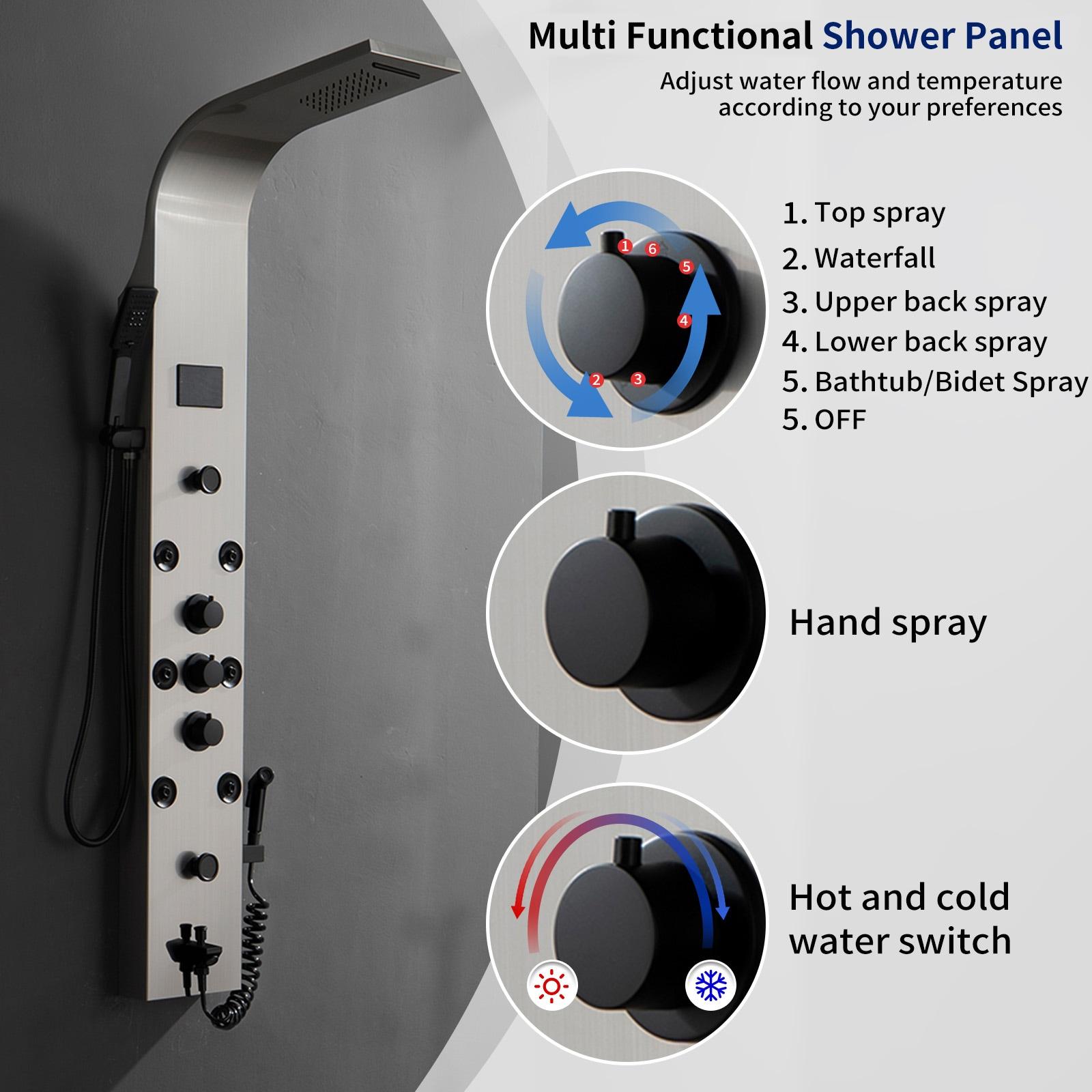 BWE 8-Jet Rainfall Shower Panel System with Rainfall Waterfall Shower Head and Shower Wand in