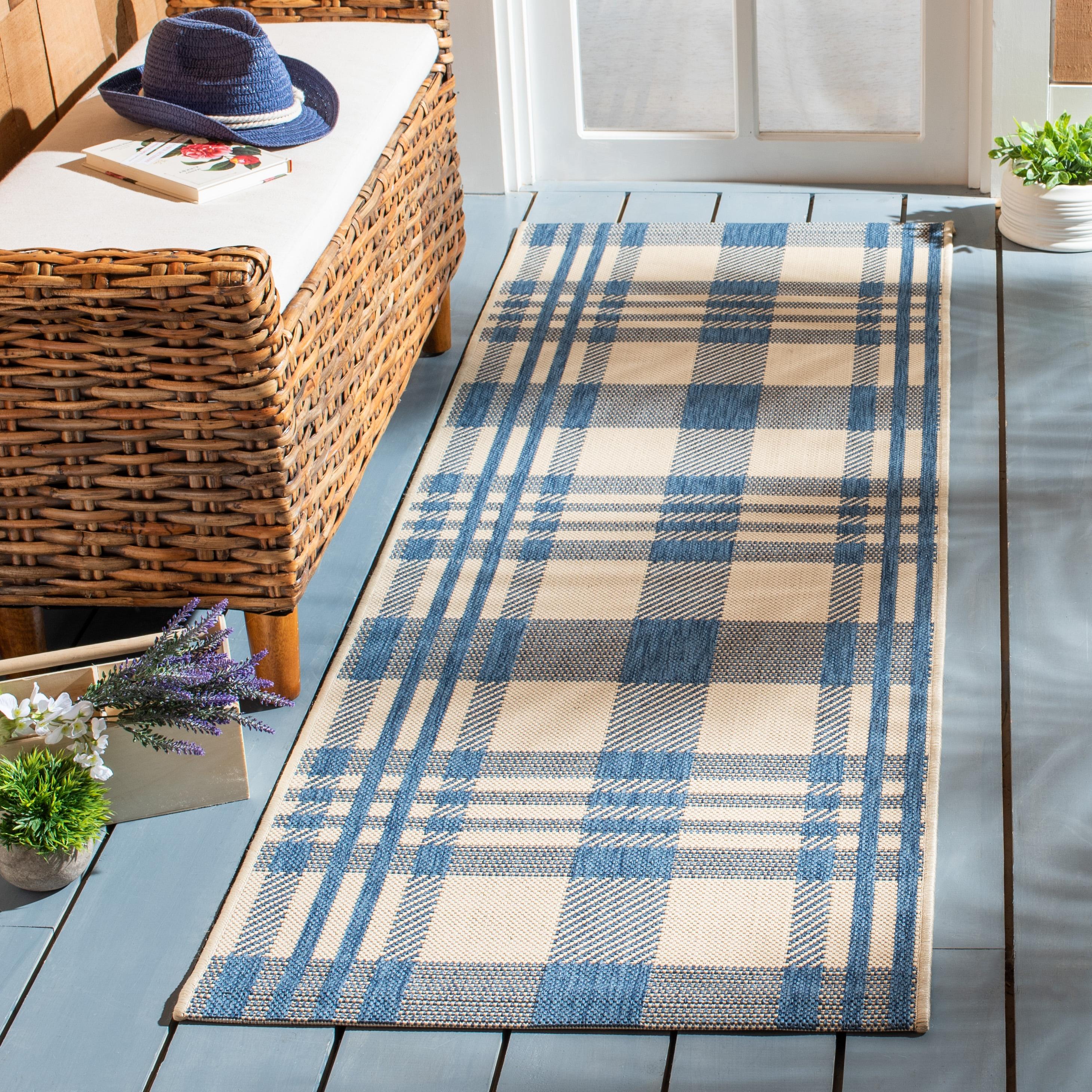SAFAVIEH Courtyard Benjamin Plaid Indoor/Outdoor Runner Rug, 2'3" x 6'7", Beige/Blue