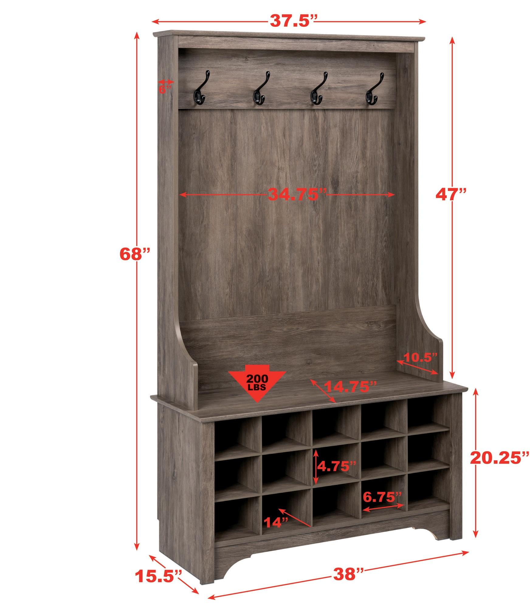 Prepac Hall Tree with Shoe Storage Drifted Gray : Entryway Organizer, Mudroom Bench, 4 Hooks, 15 Cubbies
