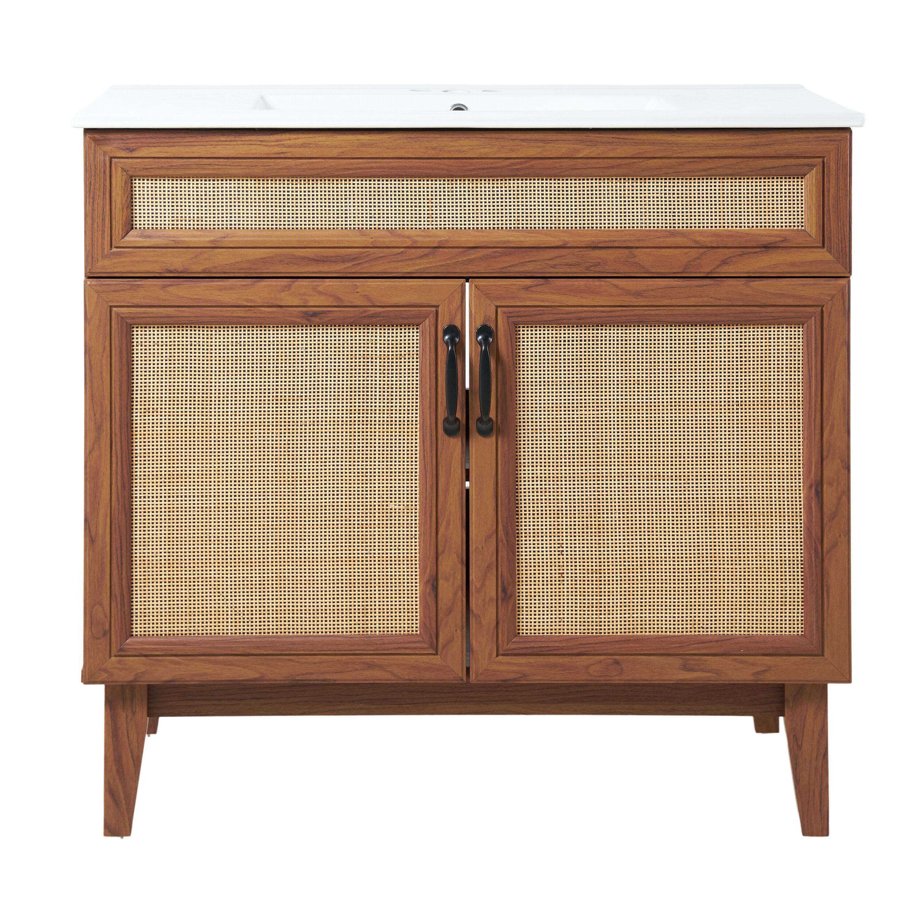 Javer 36" Rattan Modern Farmhouse 2-Shelf Bath Vanity Cabinet Only (Sink Basin not Included)