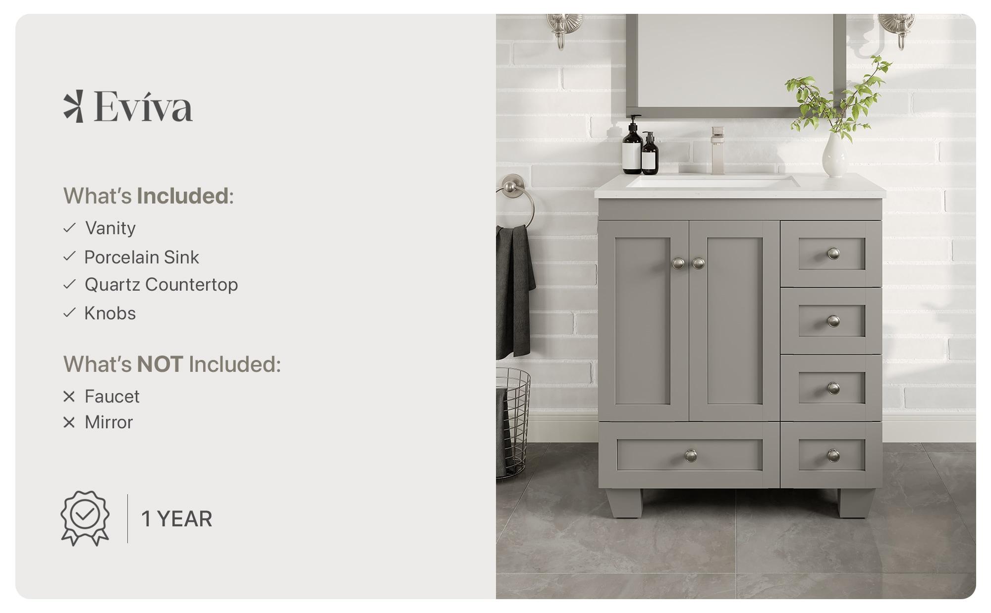 Eviva Happy 30" x 18" Transitional Gray Bathroom Vanity with White Carrara Marble Countertop