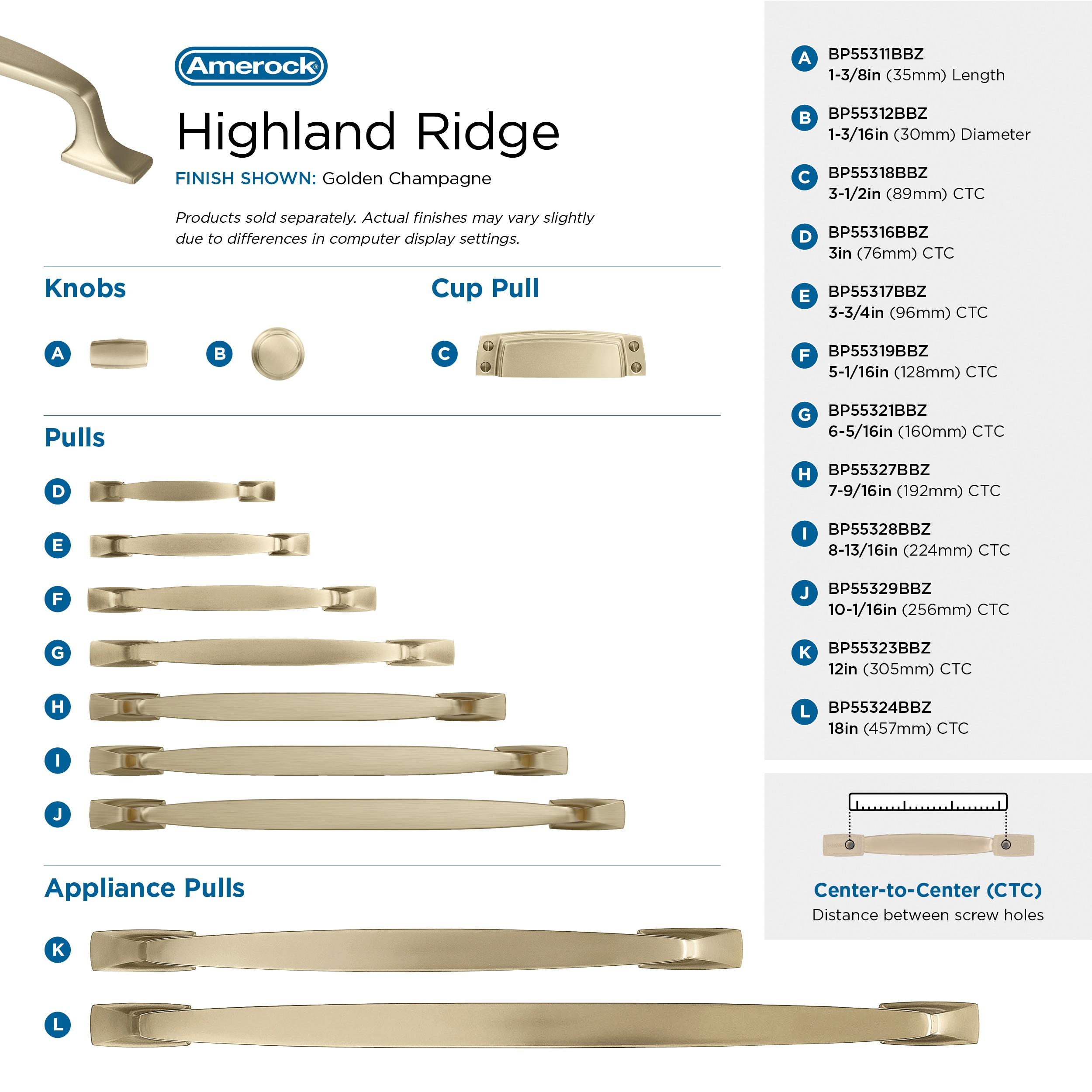 Amerock Highland Ridge 3-1/2 inch (89mm) Center-to-Center Golden Champagne Cabinet Cup Pull
