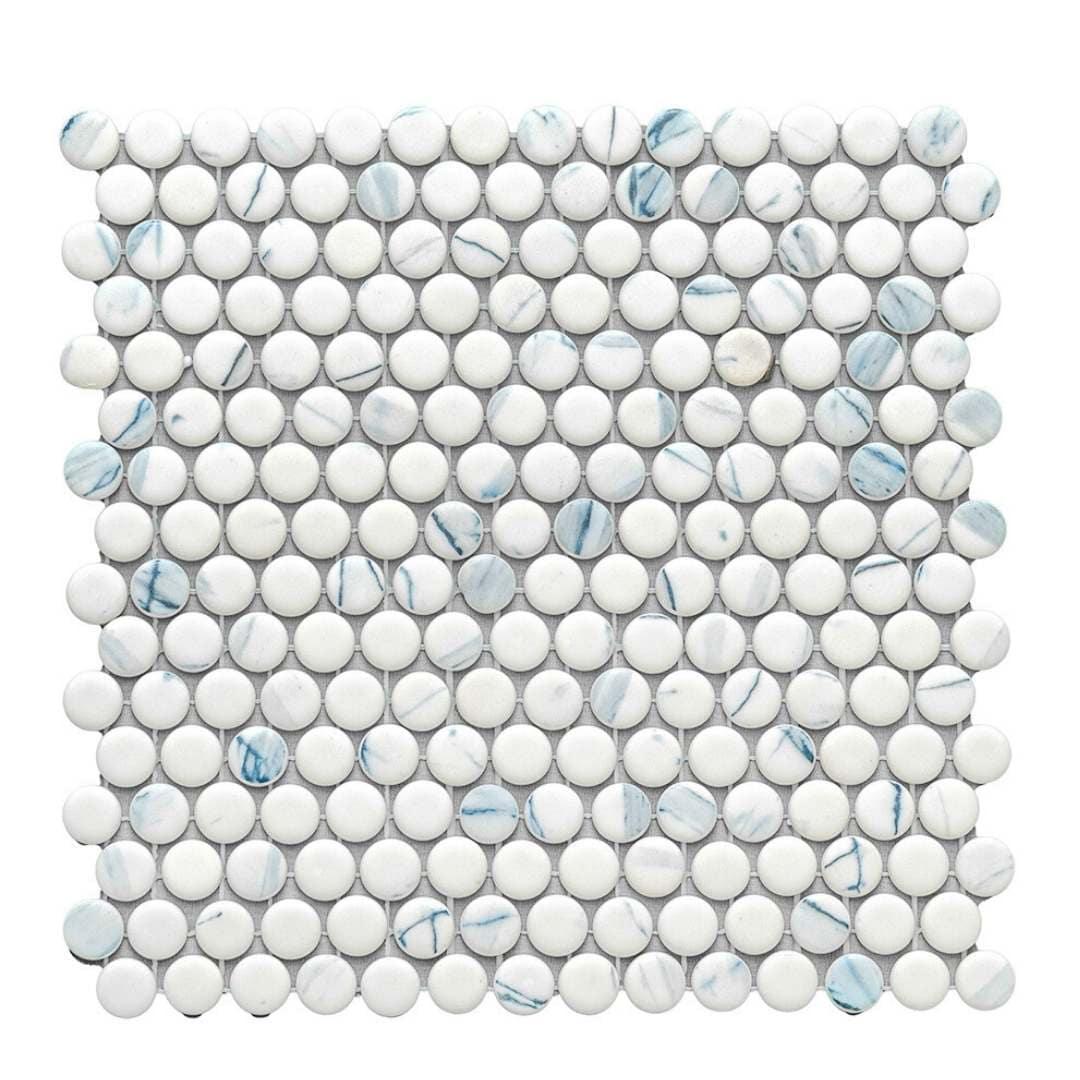 The Tile Life Eterna Penny 12" x 12" Calacatta Blue Glass Floor and Backsplash Wall Tile, 4x4 Sample