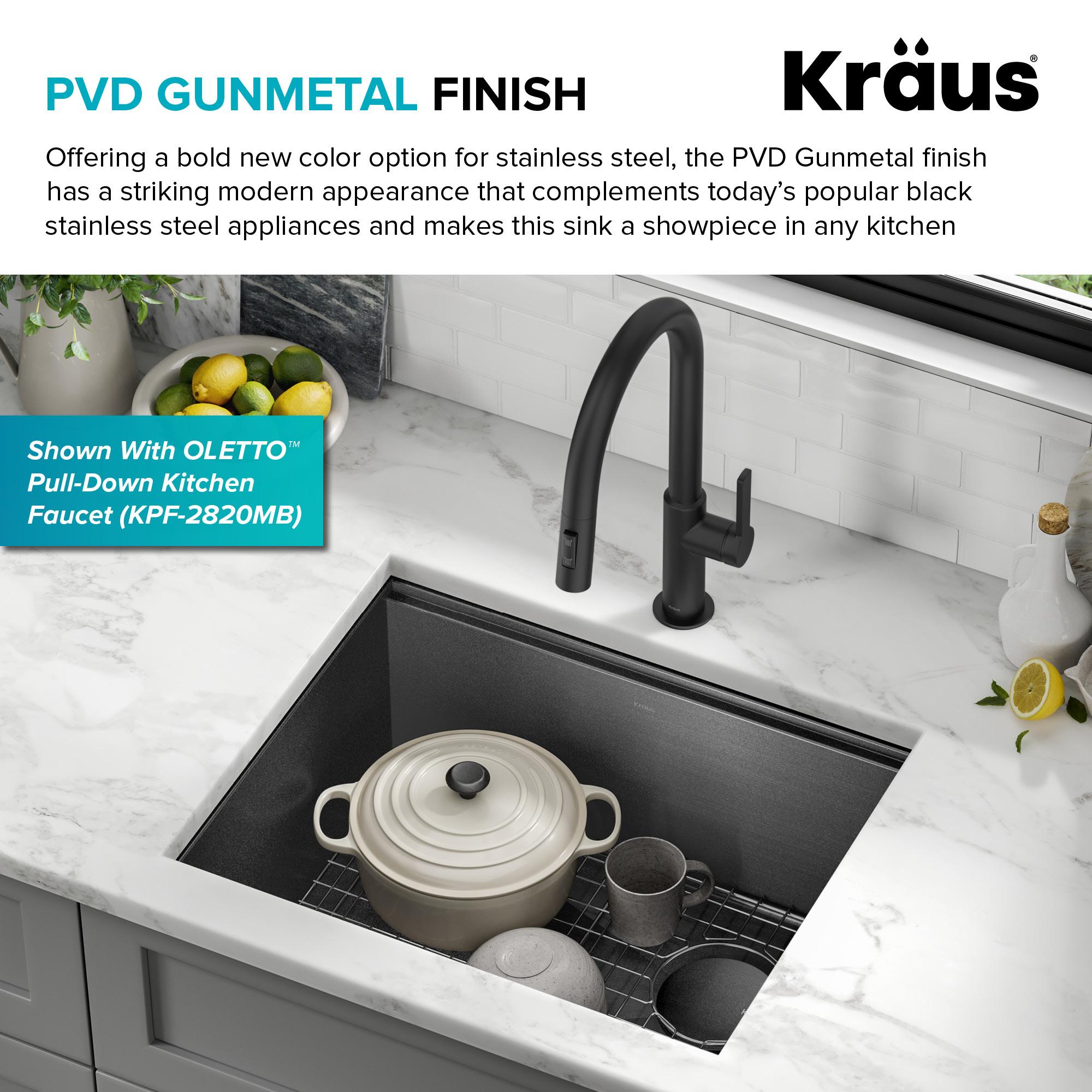 KRAUS Kore™ Undermount Workstation 16 Gauge Black Stainless Steel Single Bowl Kitchen Sink in PVD Gunmetal Finish