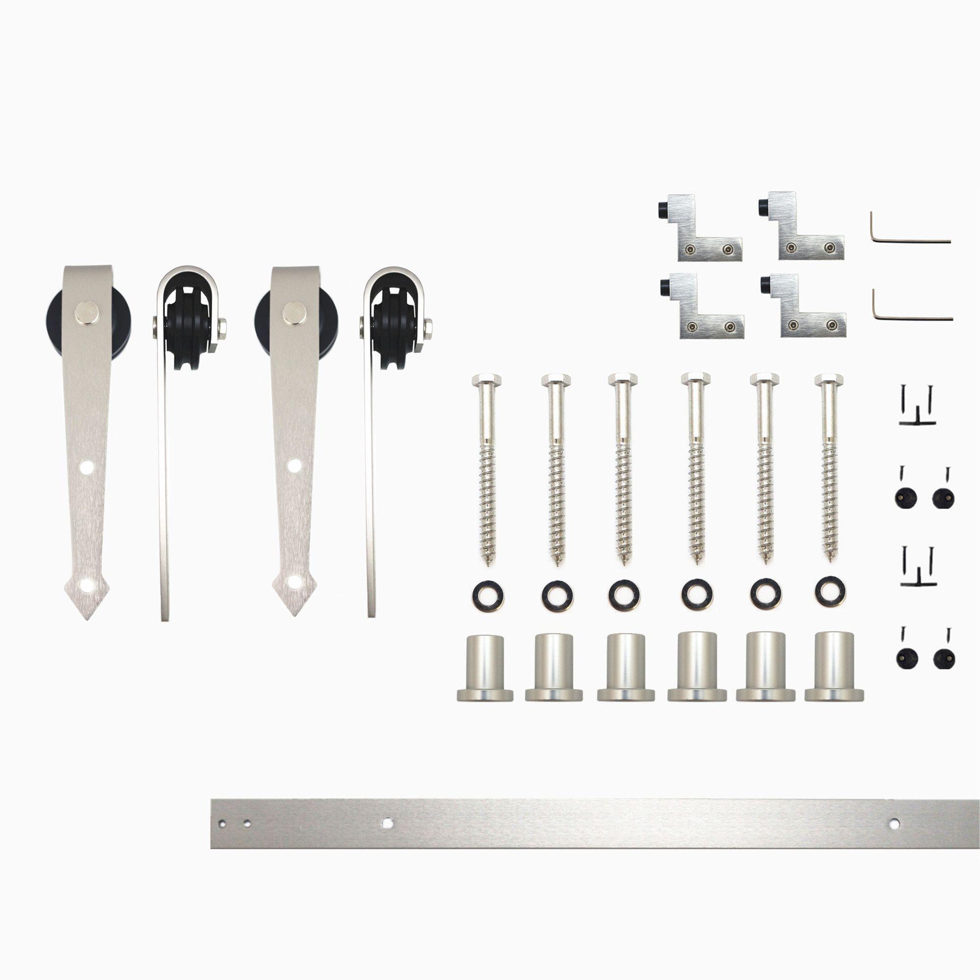 Homacer Brushed Nickel Sliding Barn Door Hardware Kit, for Two/Double Doors, 7.5ft Long Flat Track, Arrow Design Roller, Heavy Duty, for Interior & Exterior Use