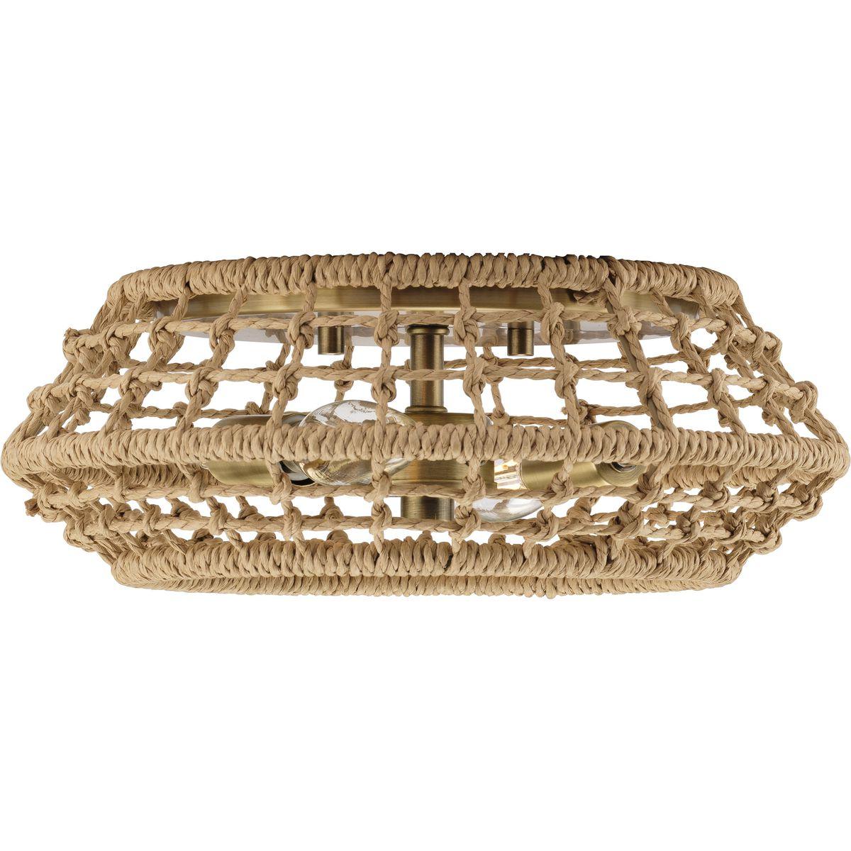 Progress Lighting Laila 2-Light Flush Mount Vintage Brass Steel Fixture: Coastal-inspired, hand-knotted jute design for ambient light in bedrooms and