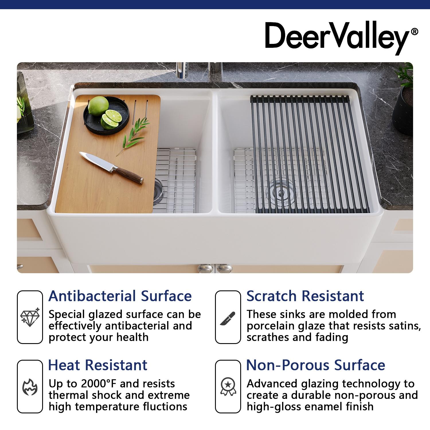 DeerValley 33" L X 20" W Double Basin Workstation Farmhouse Kitchen Sink With Sink Grid, Cutting Board And Dish-Drying Rack