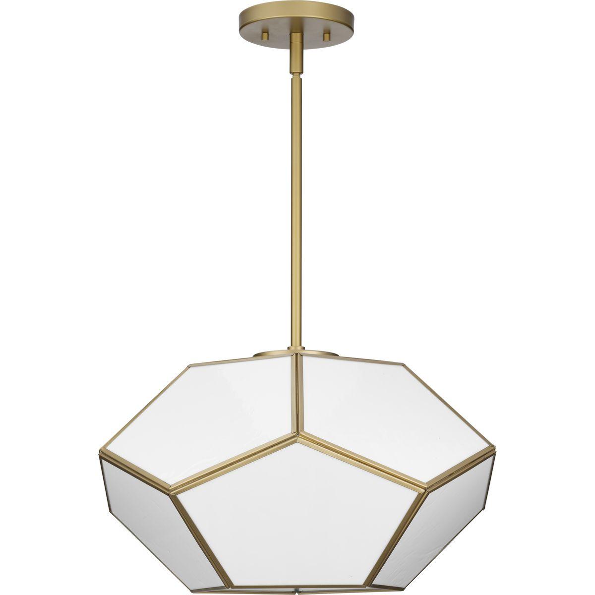 Progress Lighting Latham 3-Light Semi-Flush Mount, Vintage Gold, White Art Glass. Geometric framework with handmade glass.