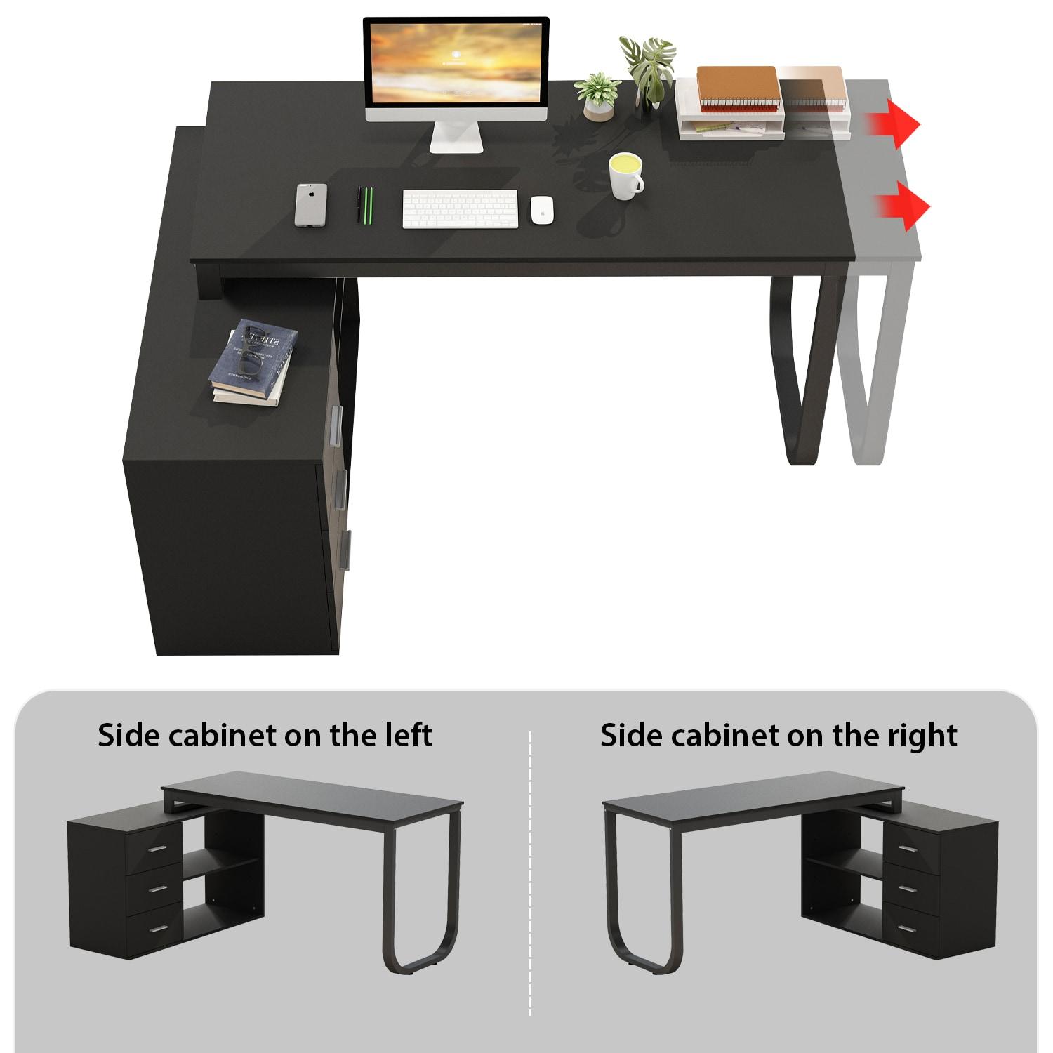 KULAGAGA L Shaped Computer Desk Corner Writing Workstation Table with Cabinet Drawer Storage for Home Office Study, Black