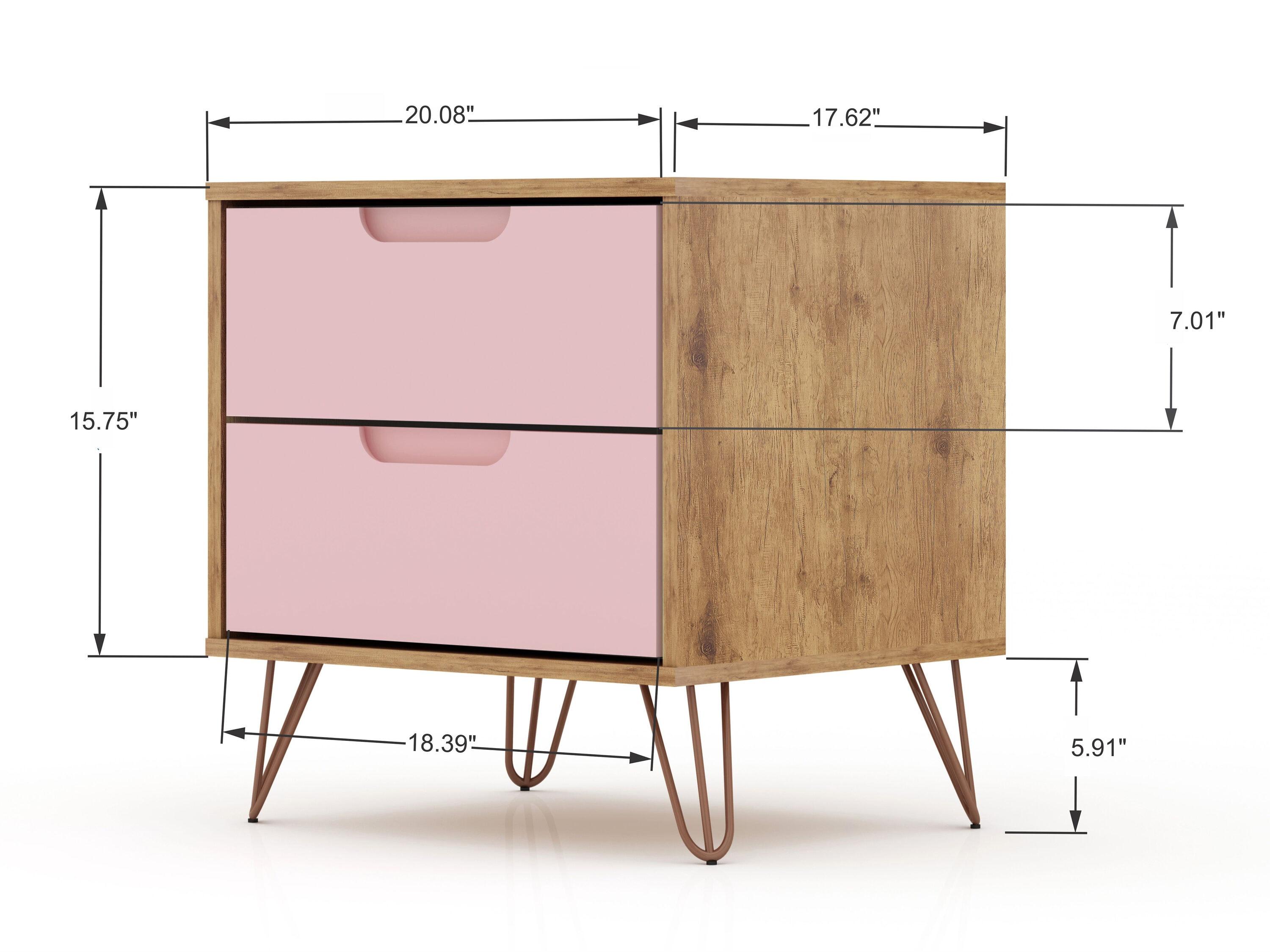 2.0 Rockefeller Nightstand Natural/Rose Pink - Manhattan Comfort: Modern MDF Bedside Storage with Metal Glides