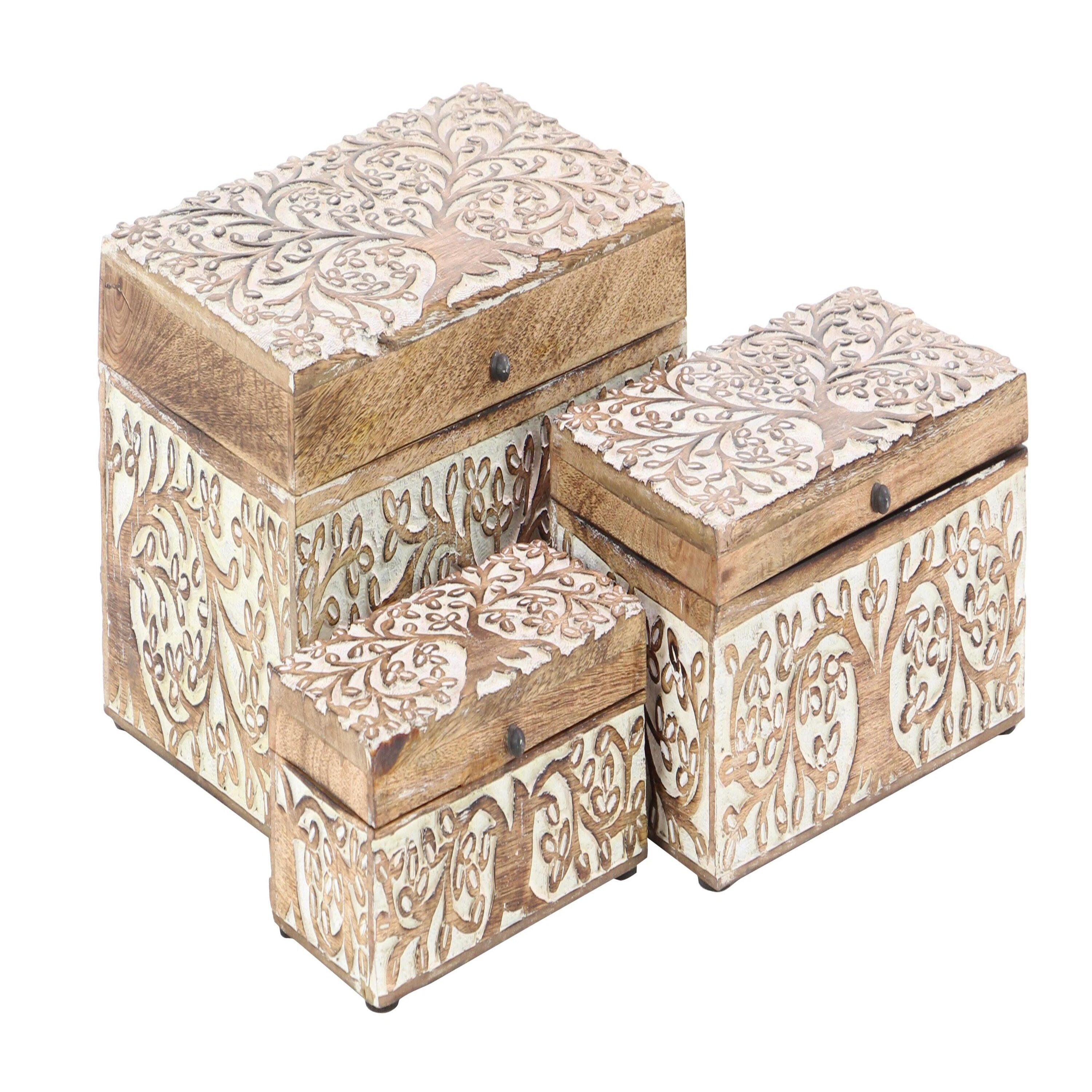 DecMode Floral Brown Mango Wood Decorative Box with Hinged Lid, 3 Count