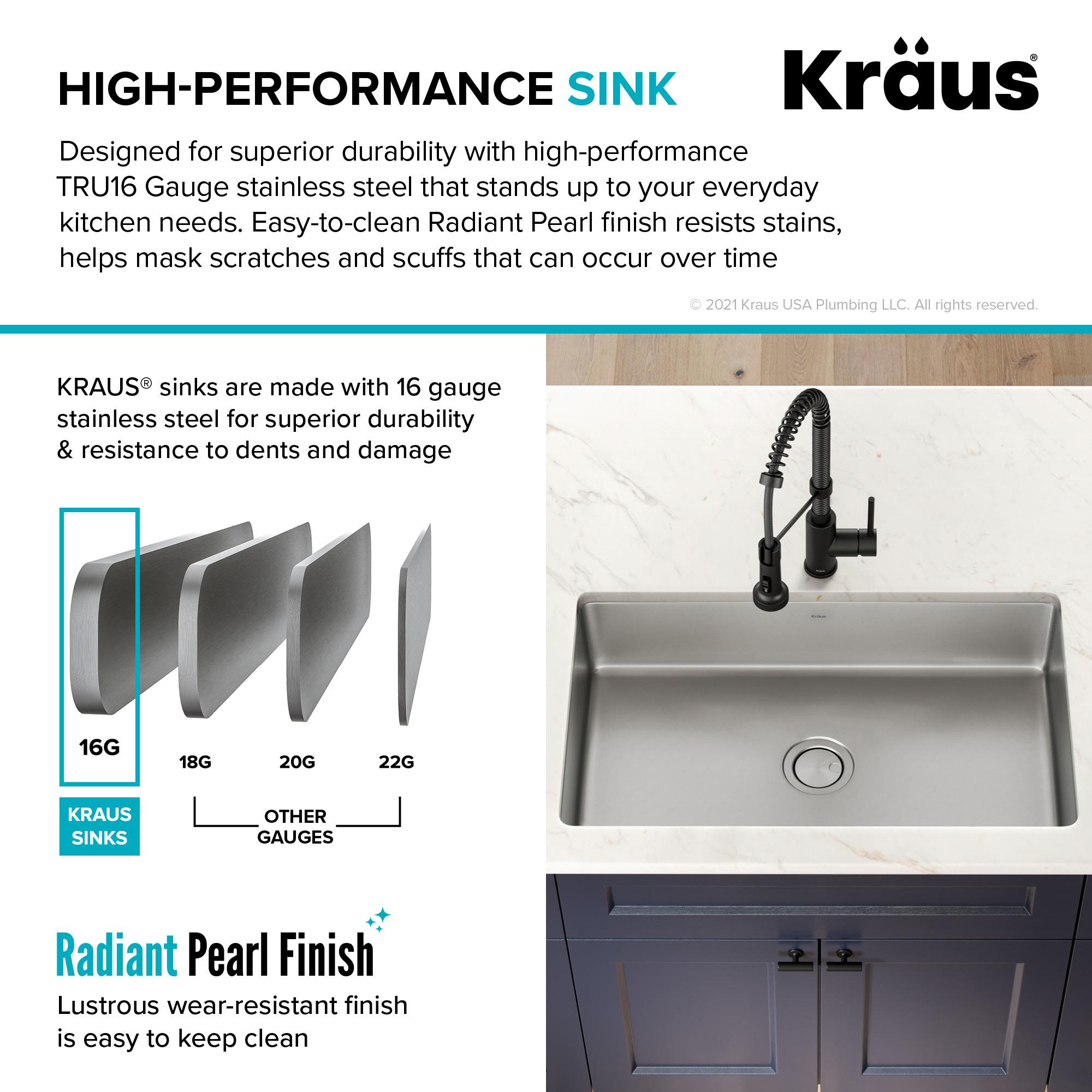 Dex™️ Series KRAUS 32" L Undermount 16 Gauge Stainless Steel Single Bowl Kitchen Sink