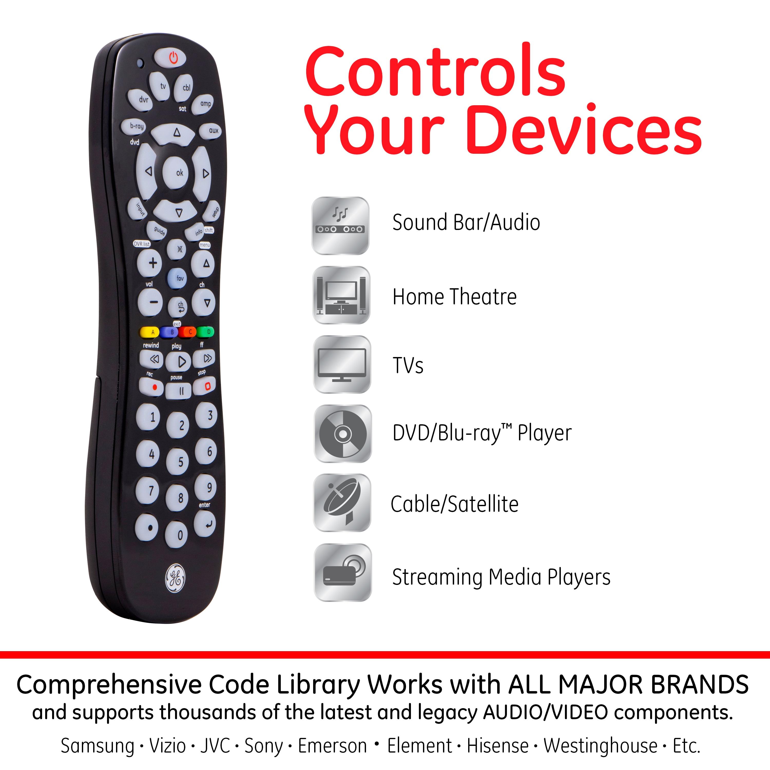 GE 6-Device Universal TV Remote Control in Black, 34459