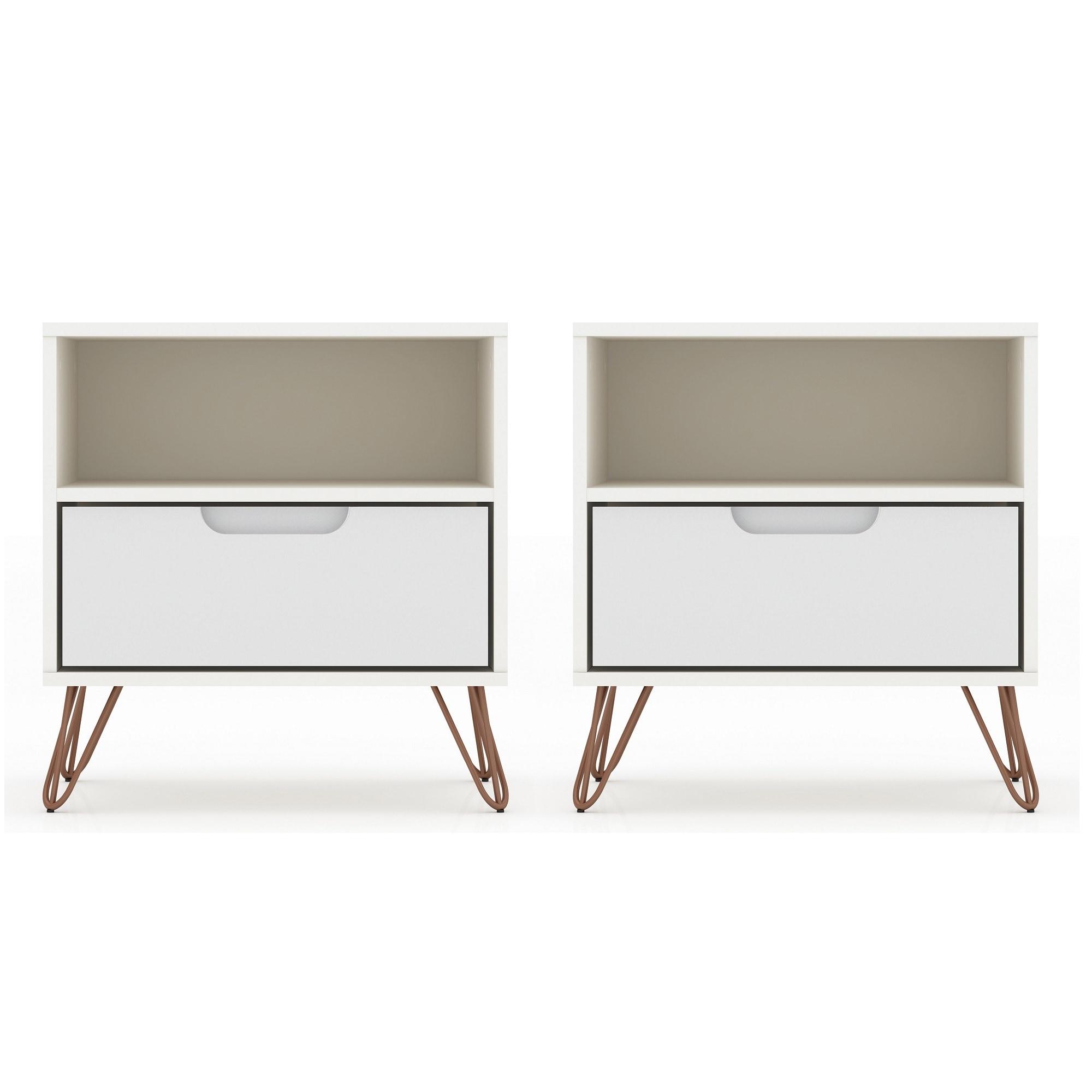 Set of 2 Rockefeller 1 Drawer Nightstands White - Manhattan Comfort: Mid-century Design, Metal Legs, Open Shelf