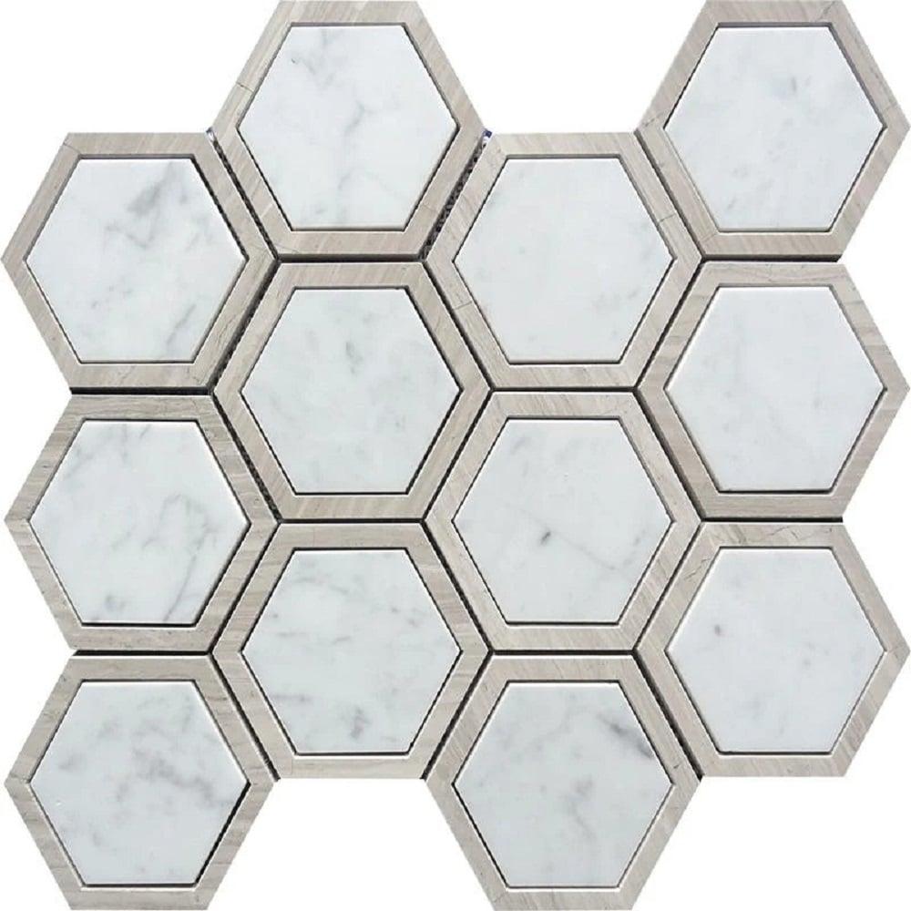 Apollo Tile 12 x 13.5 Bianco Carrara, Wooden Grey Marble Random Mosaic Tile