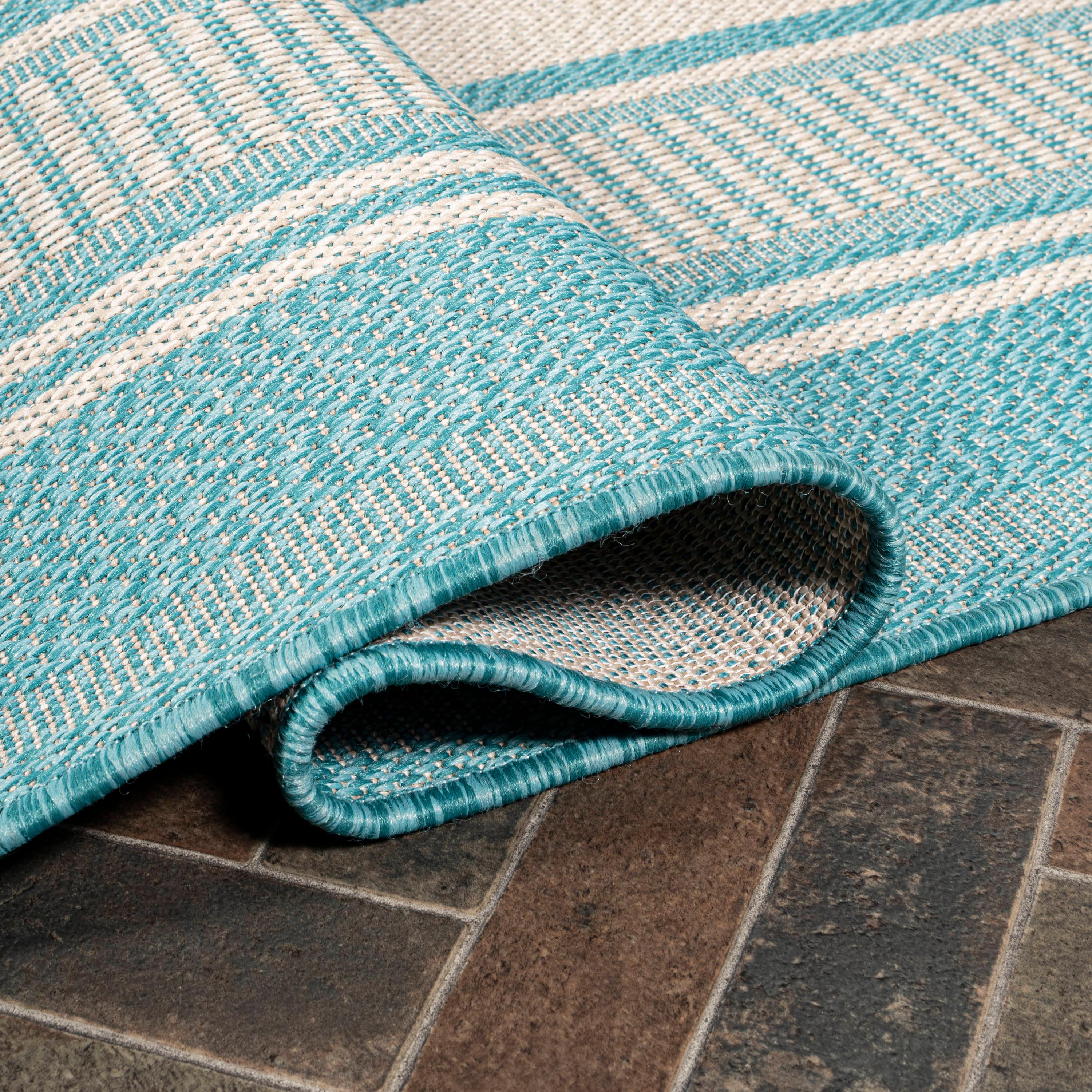 3' x 5' Haynes Modern Double Stripe Indoor/Outdoor Area Rug, Aqua/Beige - JONATHAN Y