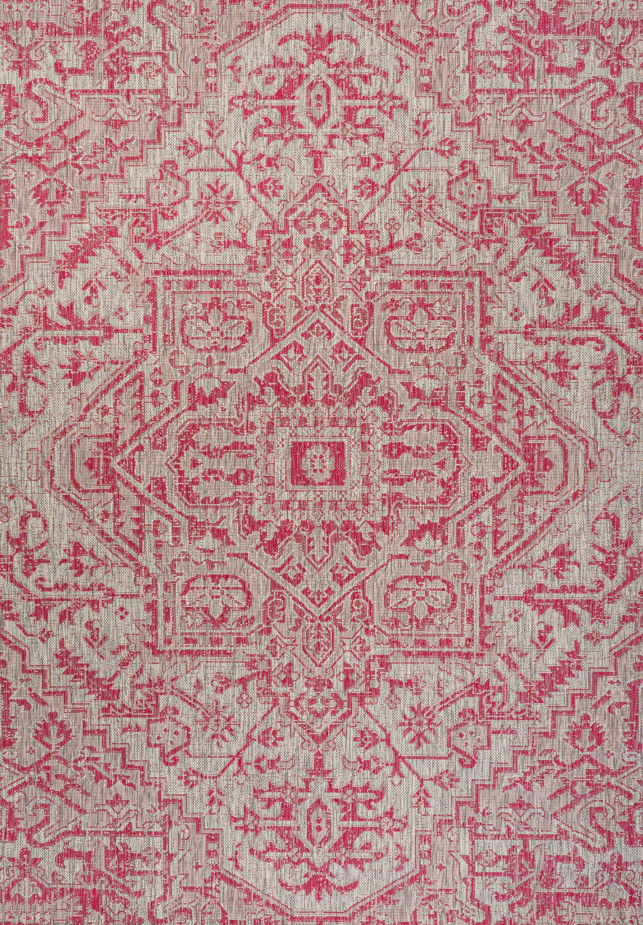 4' x 6' Estrella Bohemian Medallion Textured Weave Indoor/Outdoor Area Rug, Light Gray/Fuchsia - JONATHAN Y
