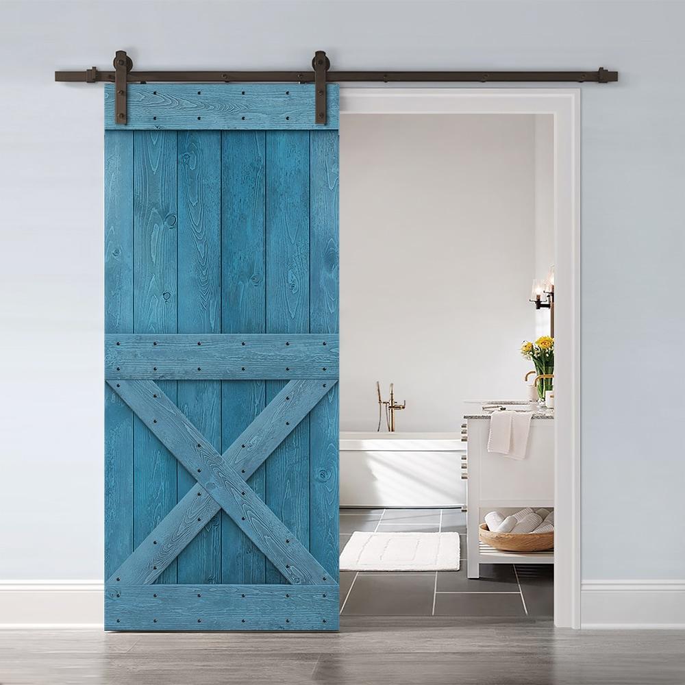 Ocean Blue Knotty Pine Wood Sliding Barn Door with Oil-Rubbed Bronze Hardware