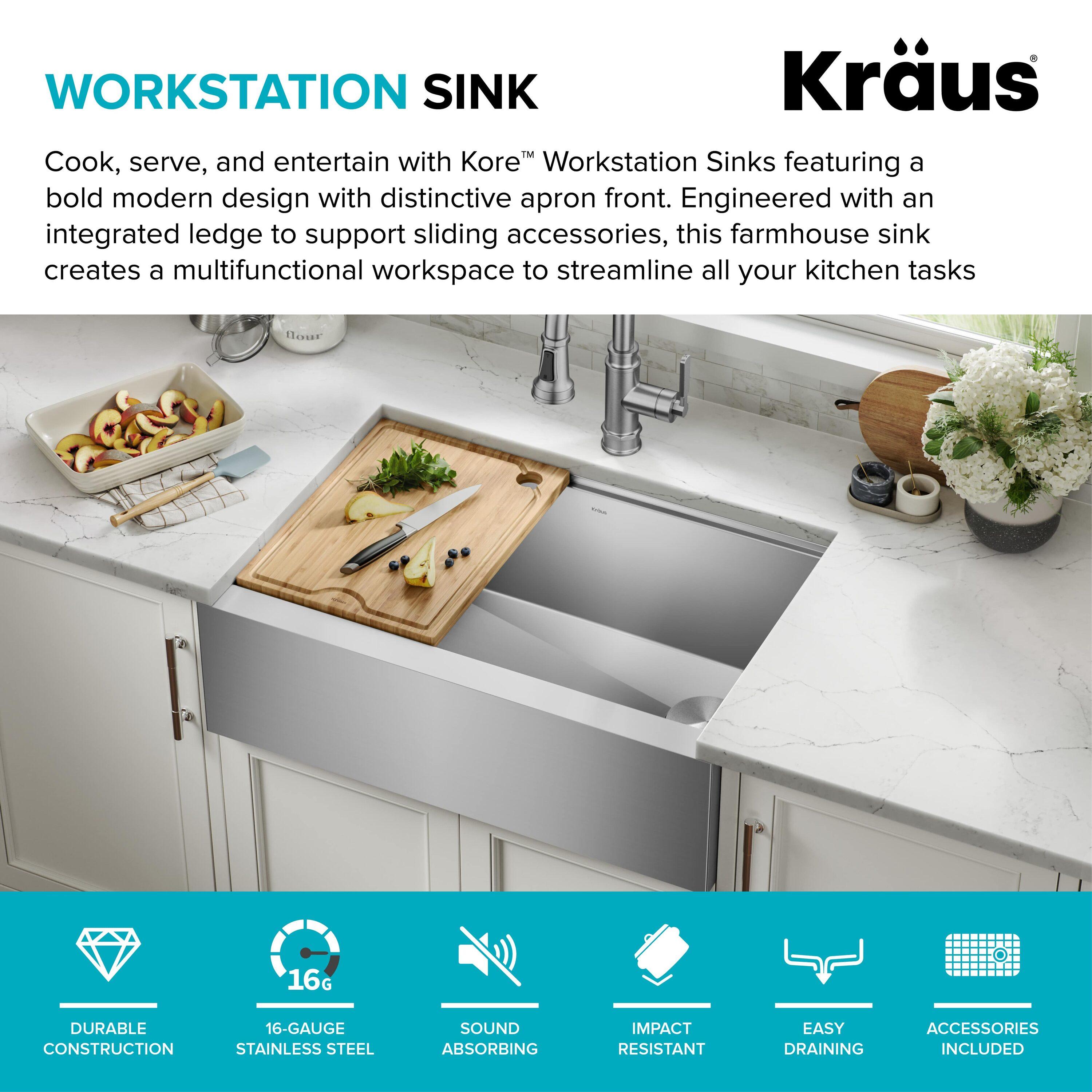 KRAUS Kore Workstation 30-inch L Farmhouse Flat Apron Front 16 Gauge Single Bowl Stainless Steel Kitchen Sink