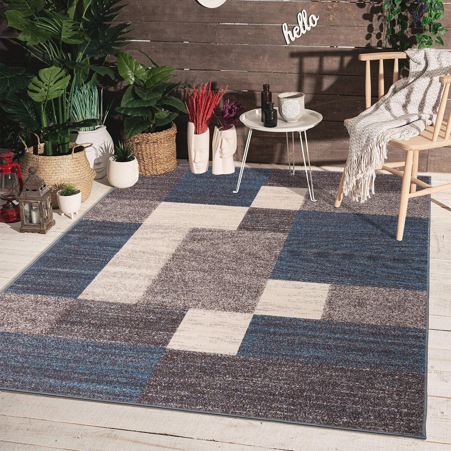 World Rug Gallery Modern Boxes Design Non-slip (Non-skid) Blue 3'3" x 5' Area Rug